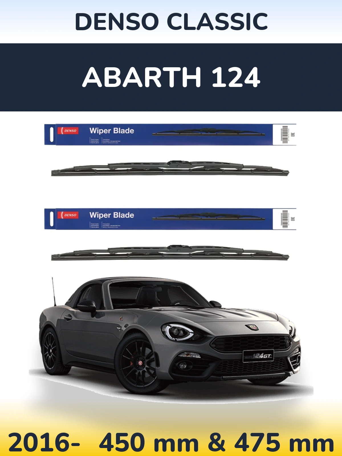 Front wiper blade set Denso Classic 450 & 475 mm for Abarth 124 2016-2026