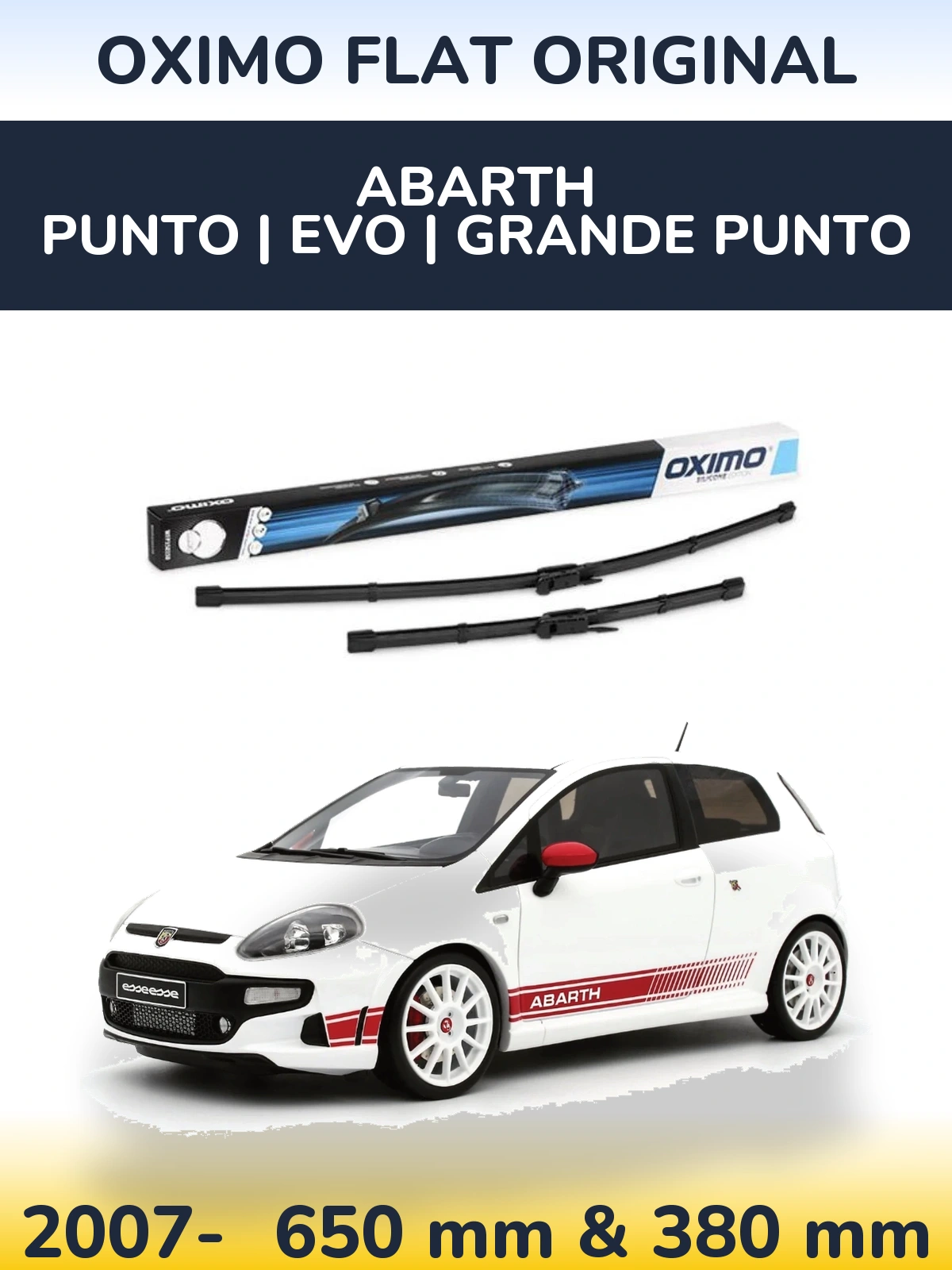 Front wiper blade set Oximo Flat Original 650 & 380 mm for Abarth Punto | Evo | Grande Punto 2007-2026