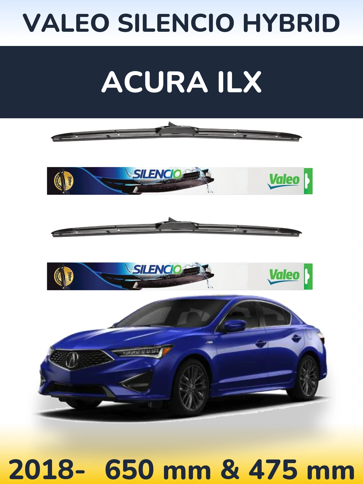 Komplet przednich wycieraczek Valeo Silencio Hybrid 650 & 475 mm do Acura ILX 2018-2026