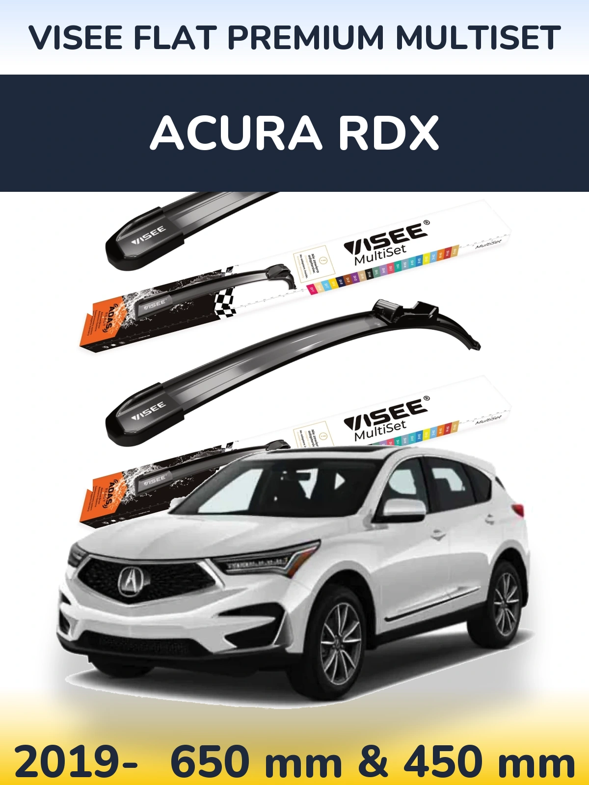 Комплект передніх щіток VISEE FLAT PREMIUM MultiSet 650 & 450 мм для Acura RDX 2019-2026