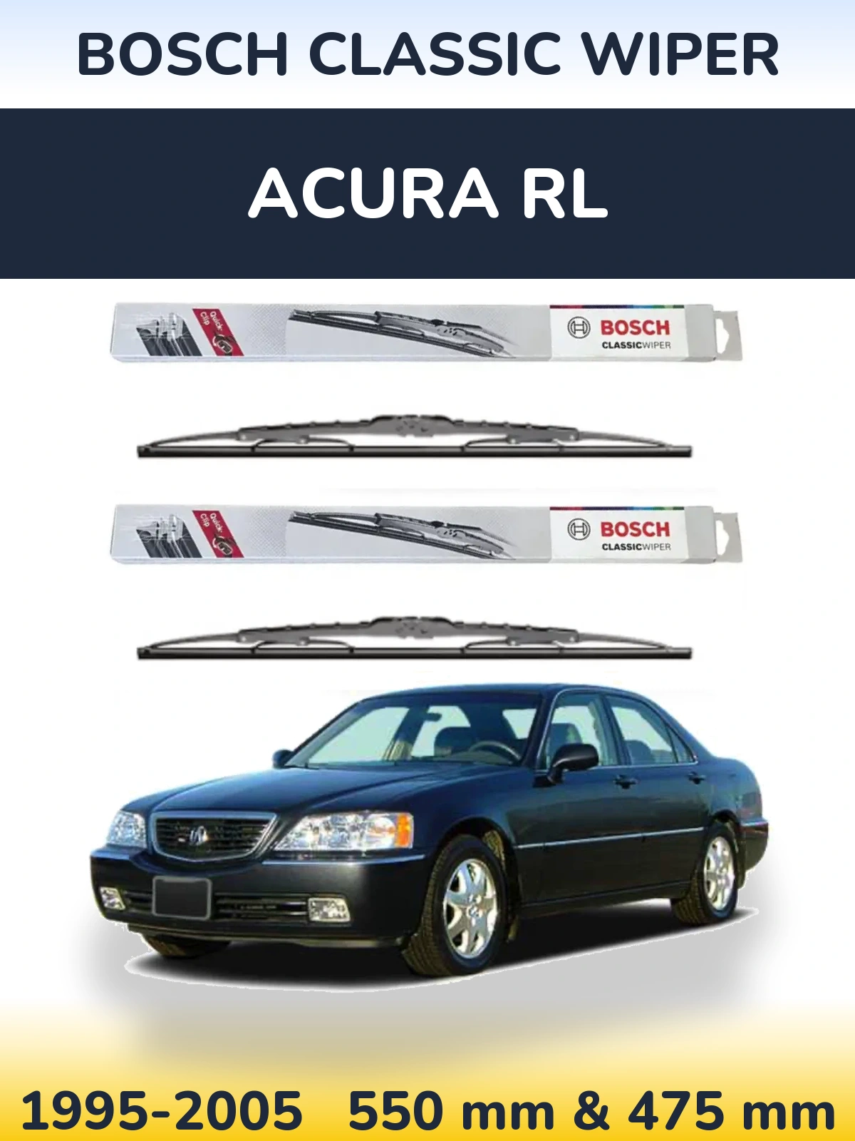 Front wiper blade set BOSCH Classic Wiper 550 & 475 mm for Acura RL 1995-2005