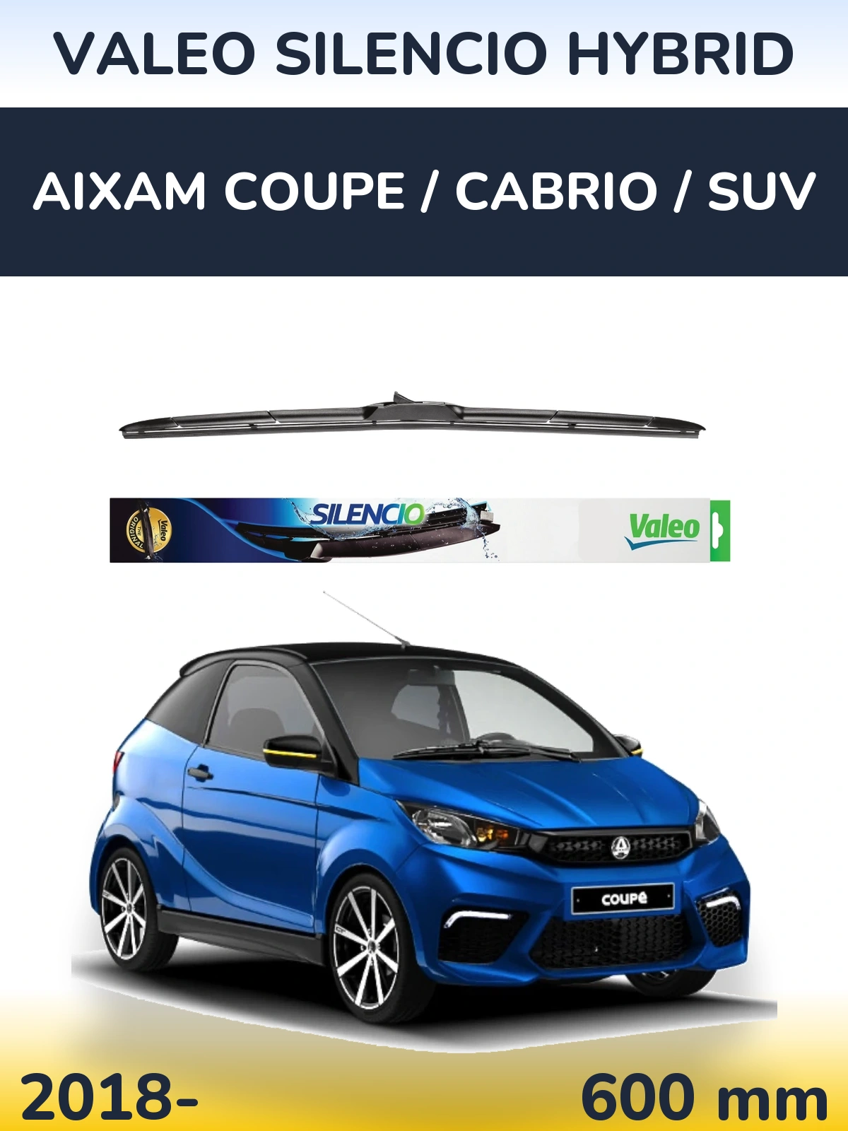 Передний дворник Valeo Silencio Hybrid 600 мм для Aixam Coupe / Cabrio / SUV 2018-2026