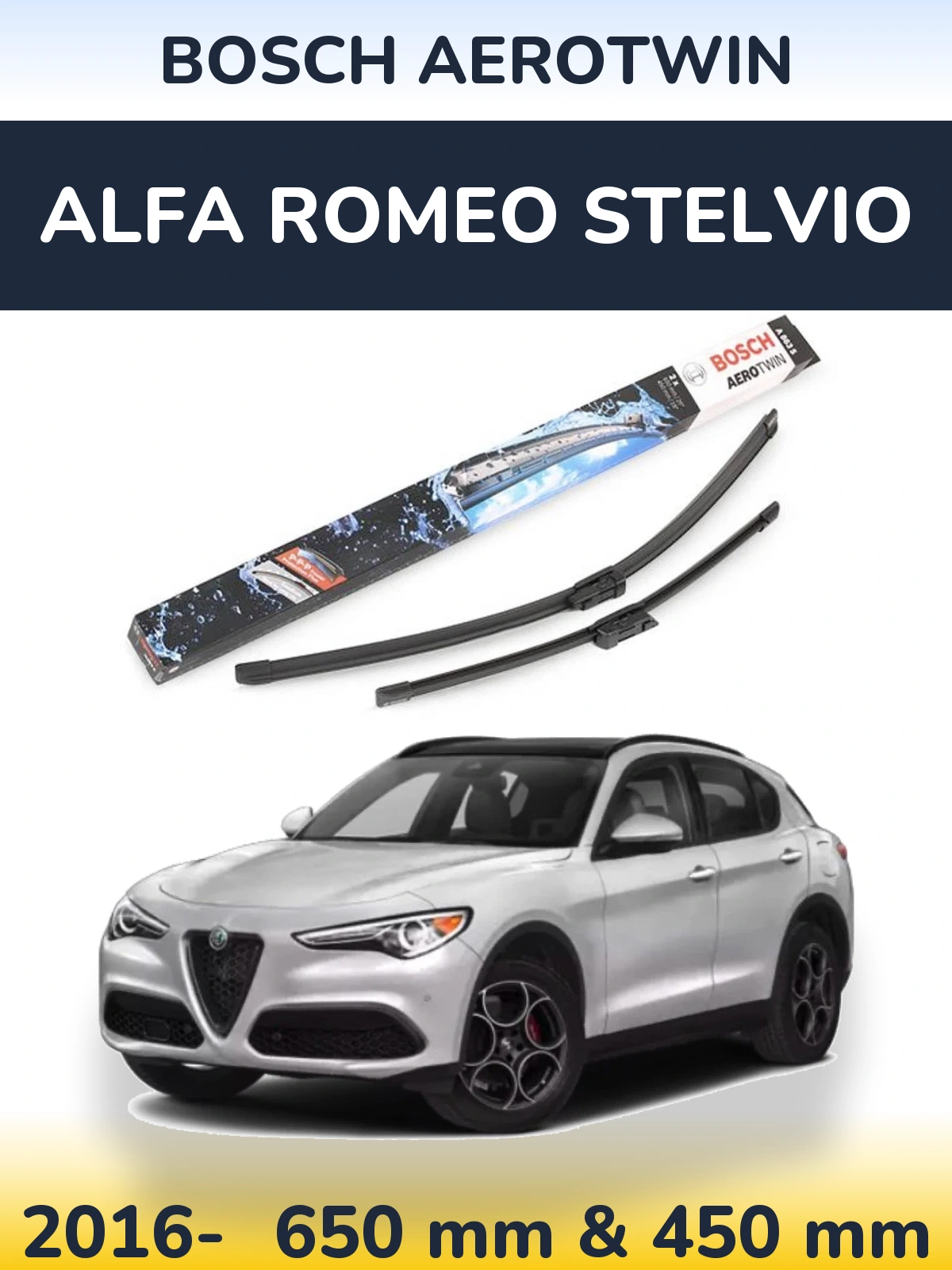 Komplet przednich wycieraczek BOSCH AeroTwin 650 & 450 mm do Alfa Romeo Stelvio 2016-2026