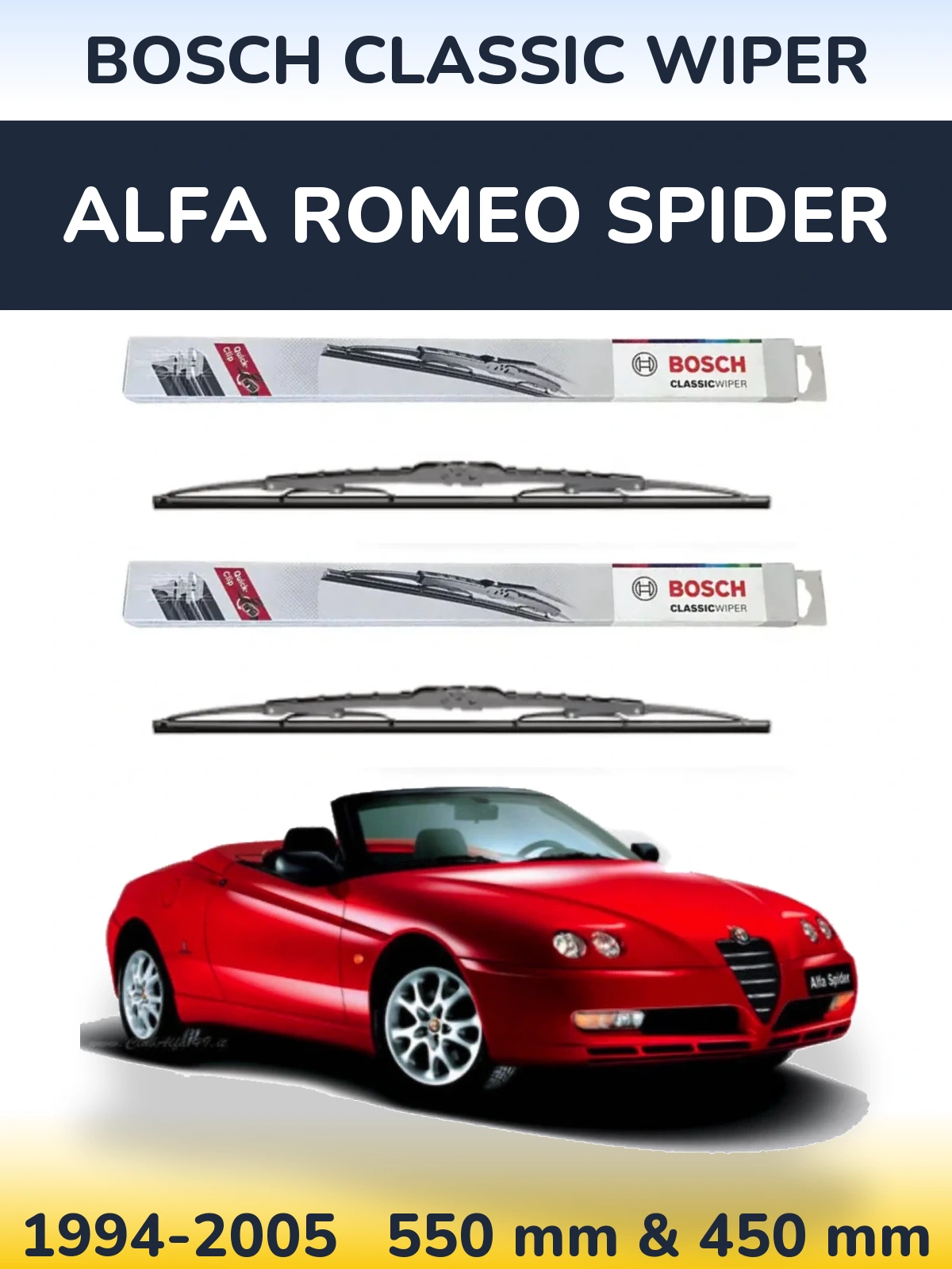 Front wiper blade set BOSCH Classic Wiper 550 & 450 mm for Alfa Romeo Spider 1994-2005