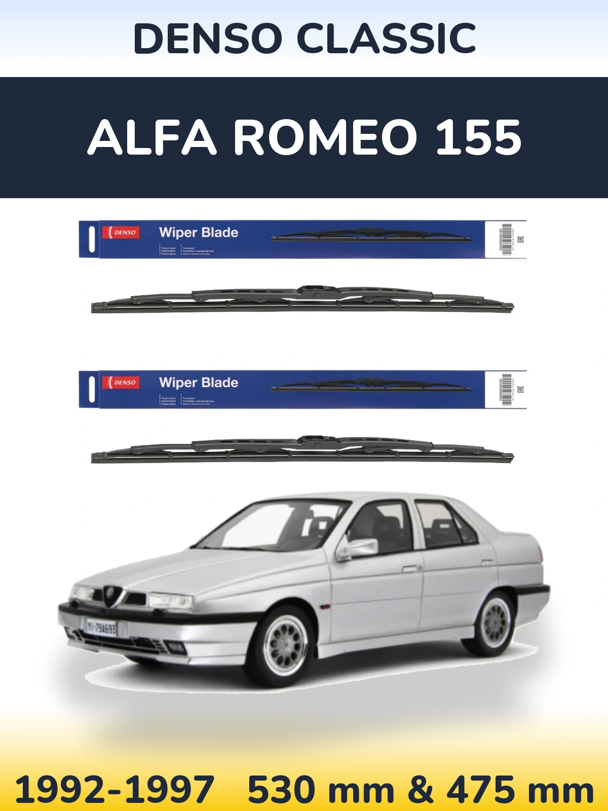 Front wiper blade set Denso Classic 530 & 475 mm for Alfa Romeo 155 1992-1997