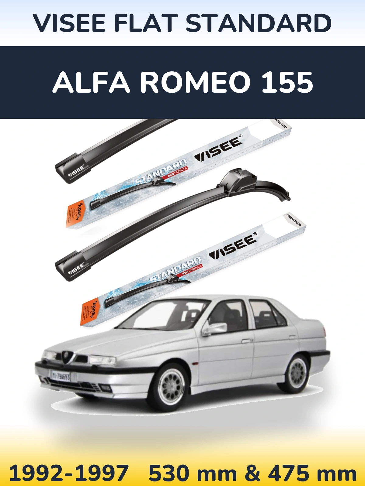 Front wiper blade set VISEE FLAT STANDARD 530 & 475 mm for Alfa Romeo 155 1992-1997