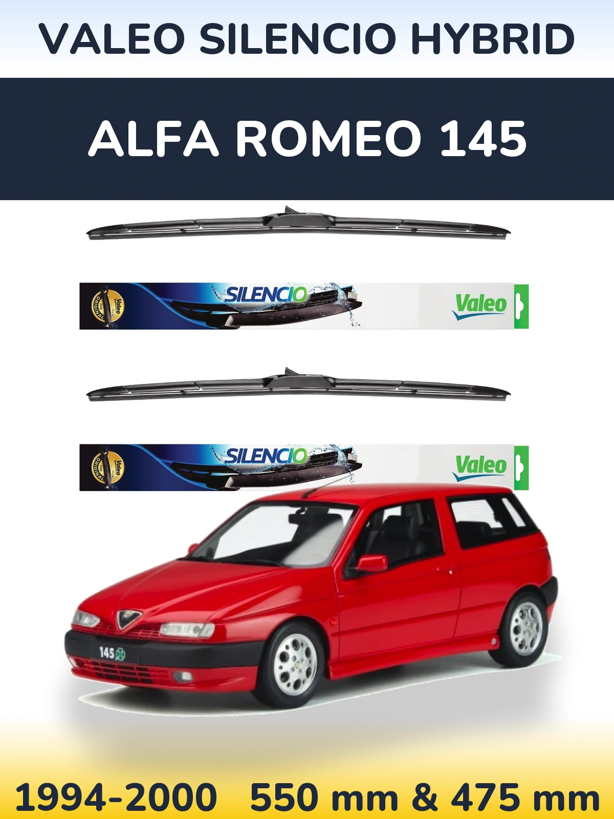 Front wiper blade set Valeo Silencio Hybrid 550 & 475 mm for Alfa Romeo 145 1994-2000