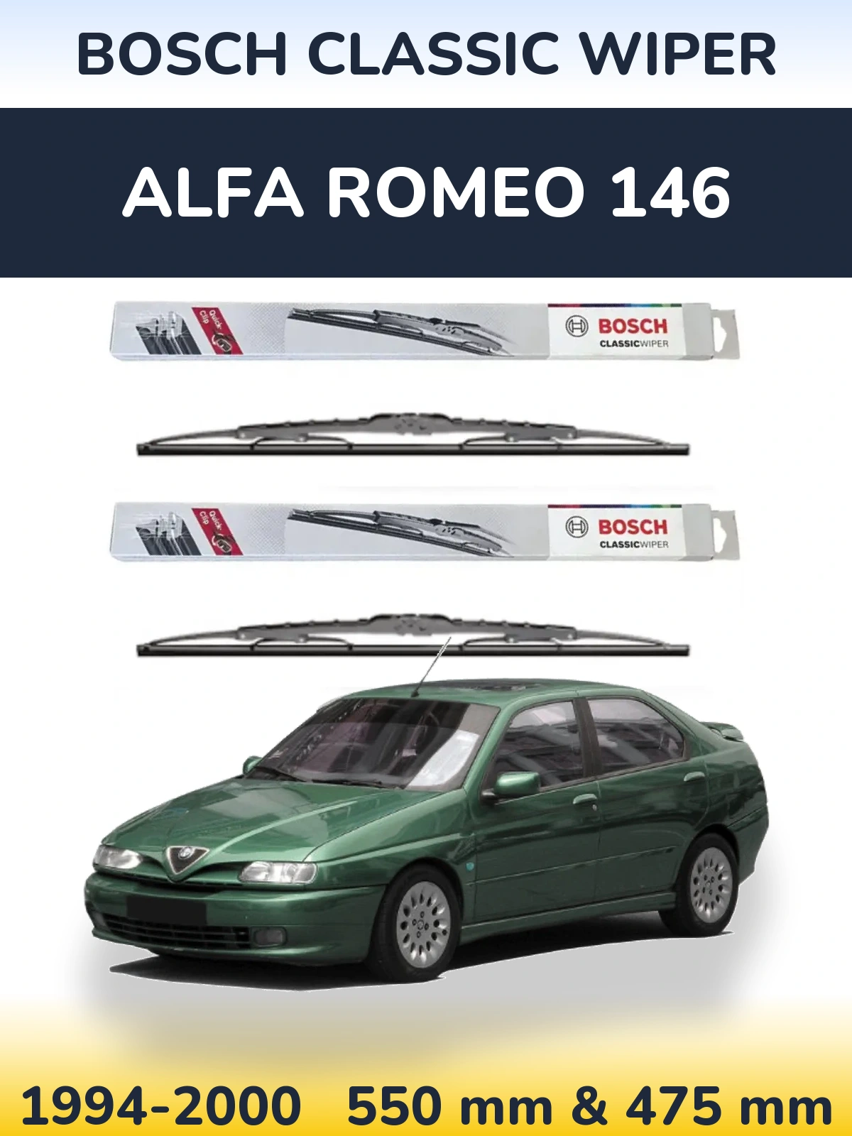 Front wiper blade set BOSCH Classic Wiper 550 & 475 mm for Alfa Romeo 146 1994-2000