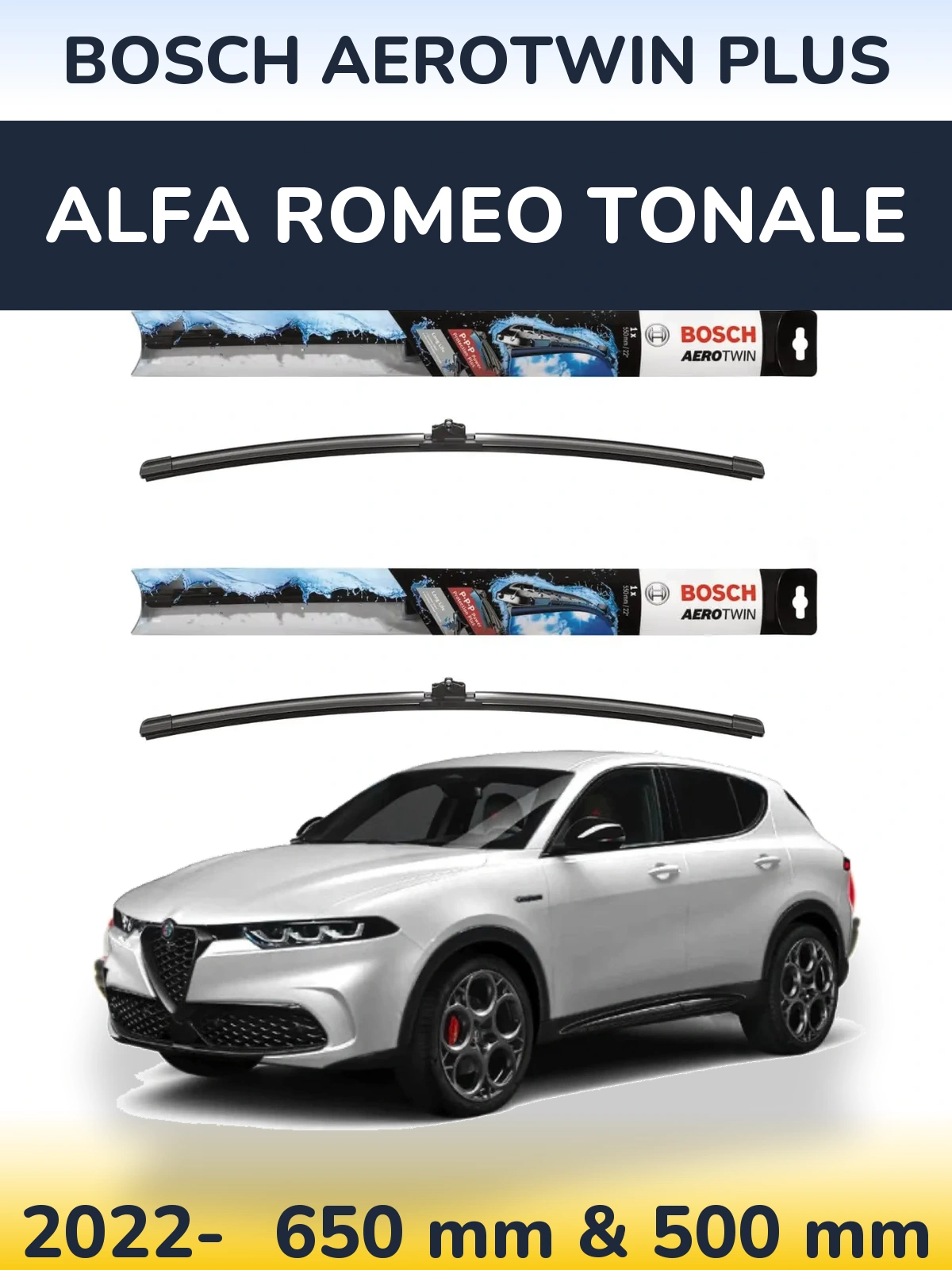 Front wiper blade set BOSCH AeroTwin Plus 650 & 500 mm for Alfa Romeo Tonale 2022-2026