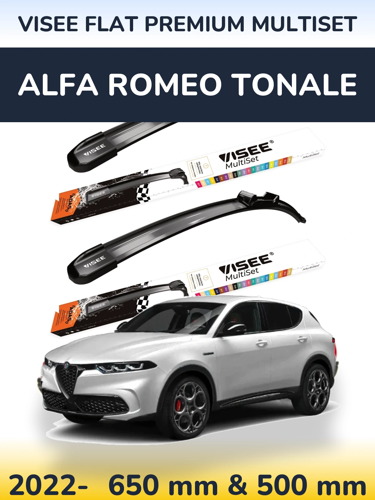 Комплект передних дворников VISEE FLAT PREMIUM MultiSet 650 & 500 мм для Alfa Romeo Tonale 2022-2026