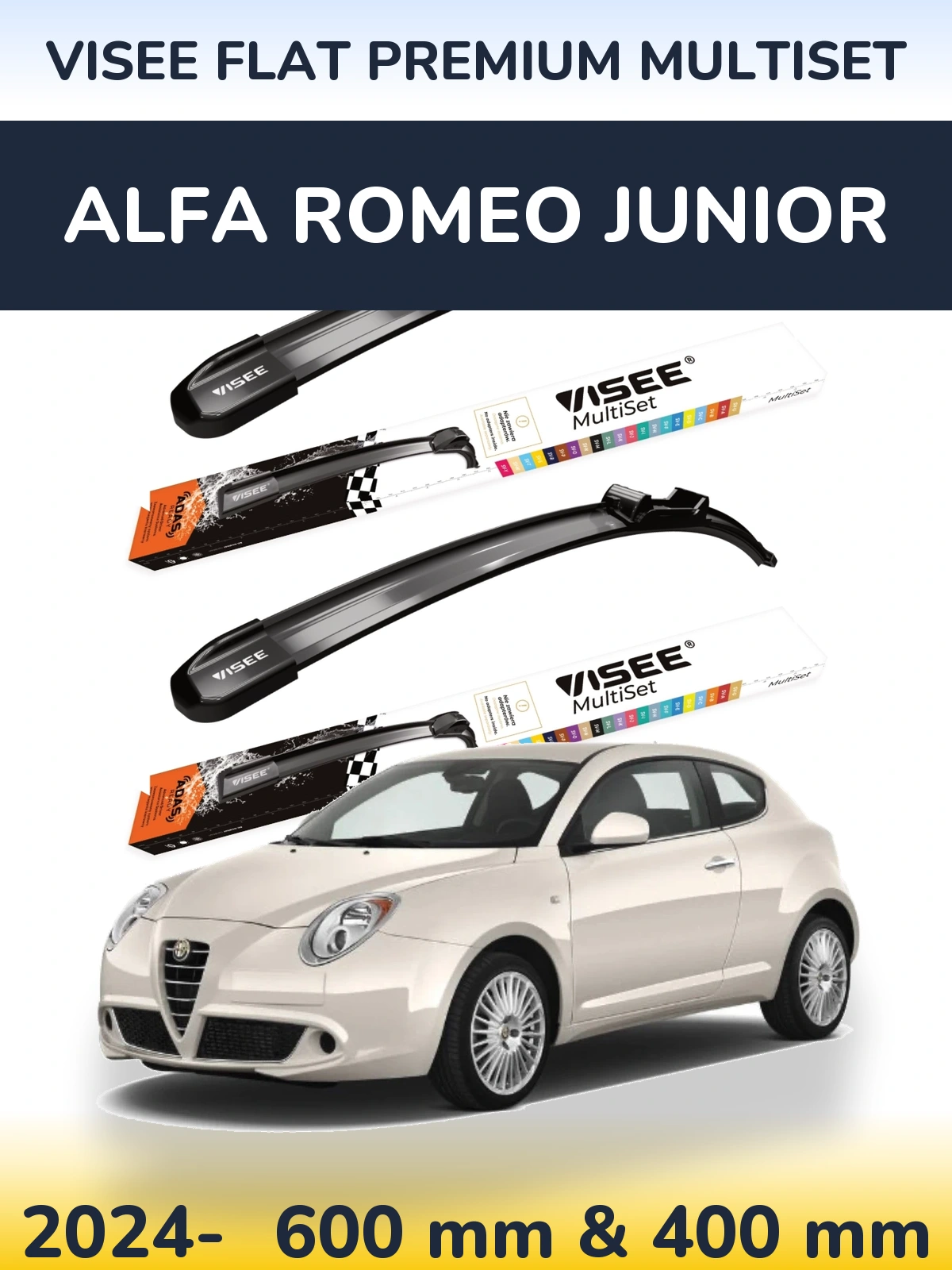 Front wiper blade set VISEE FLAT PREMIUM MultiSet 600 & 400 mm for Alfa Romeo Junior 2024-2026