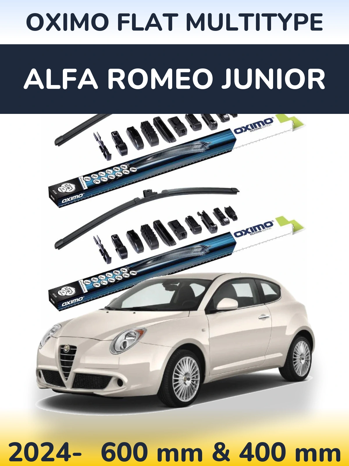 Front wiper blade set Oximo Flat MultiTypee 600 & 400 mm for Alfa Romeo Junior 2024-2026