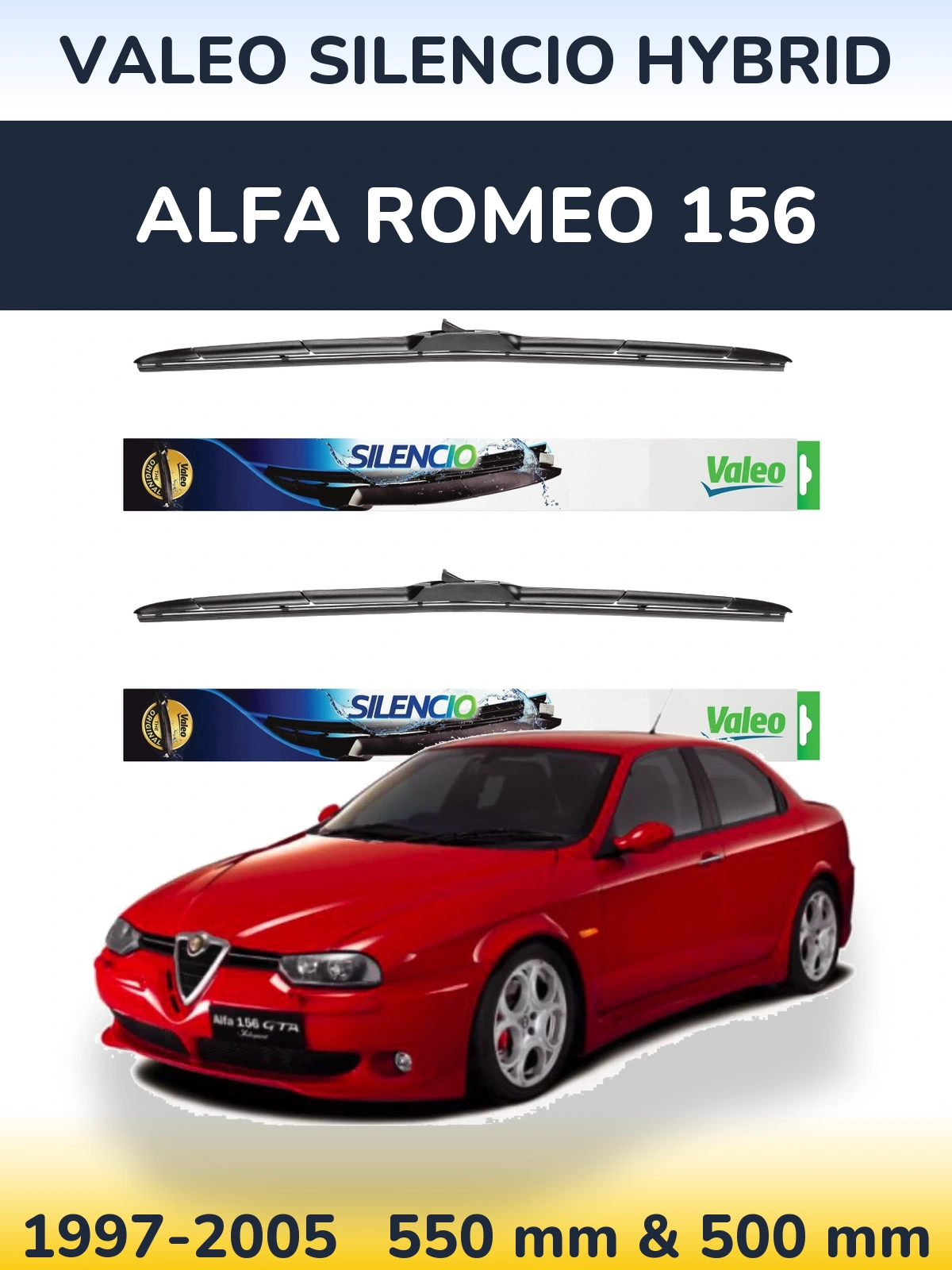 Front wiper blade set Valeo Silencio Hybrid 550 & 500 mm for Alfa Romeo 156 1997-2005