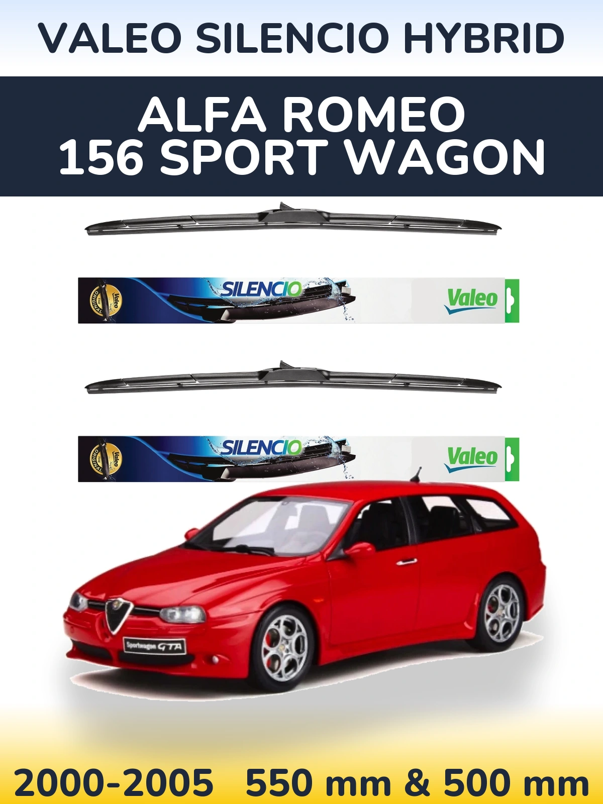 Front wiper blade set Valeo Silencio Hybrid 550 & 500 mm for Alfa Romeo 156 Sport Wagon 2000-2005