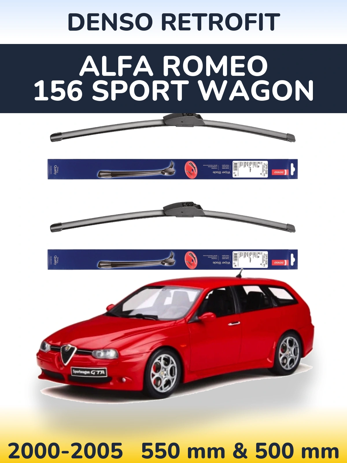 Front wiper blade set Denso Retrofit 550 & 500 mm for Alfa Romeo 156 Sport Wagon 2000-2005
