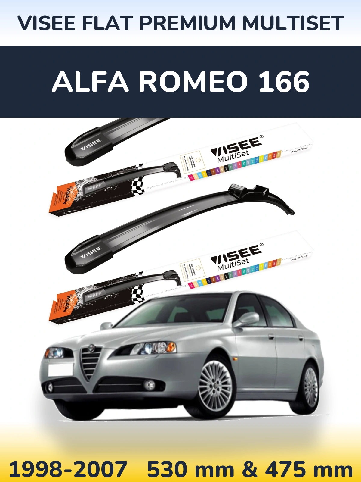 Комплект передних дворников VISEE FLAT PREMIUM MultiSet 530 & 475 мм для Alfa Romeo 166 1998-2007