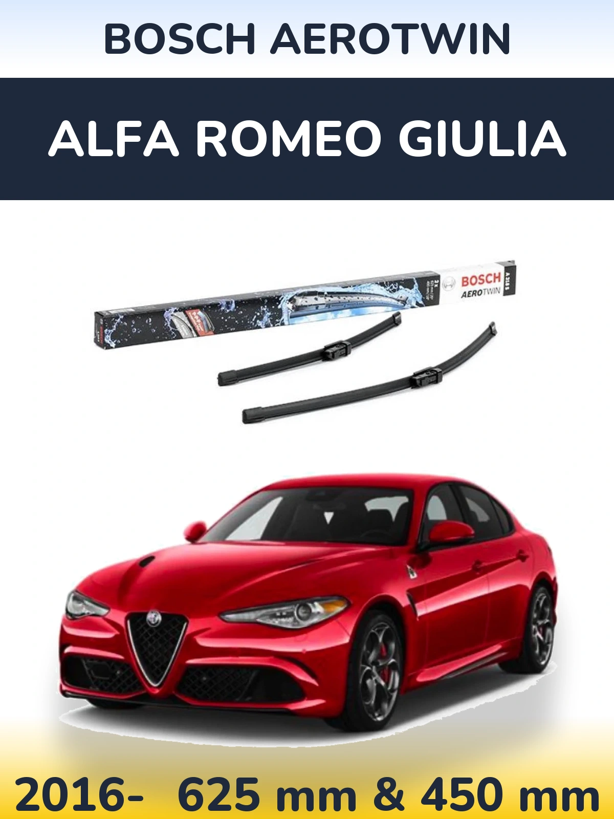 Комплект передних дворников BOSCH AeroTwin 625 & 450 мм для Alfa Romeo Giulia 2016-2026