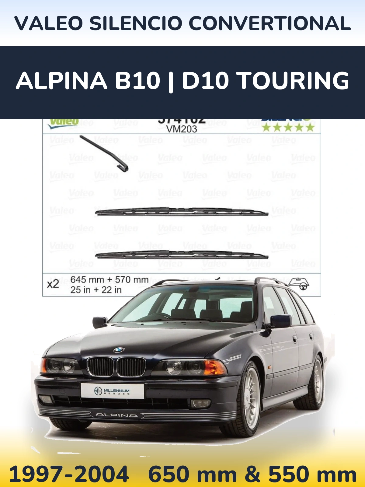 Front wiper blade set Valeo Silencio Convertional 645 & 570 mm for Alpina B10 | D10 Touring 1997-2004