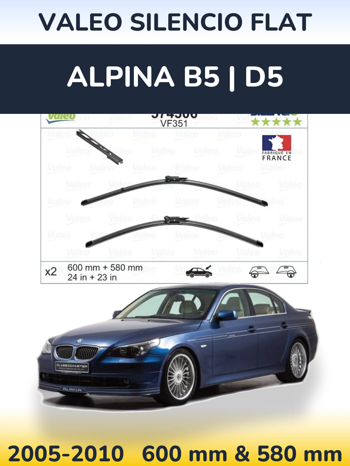 Front wiper blade set Valeo Silencio Flat 600 & 580 mm for Alpina B5 | D5 2005-2010
