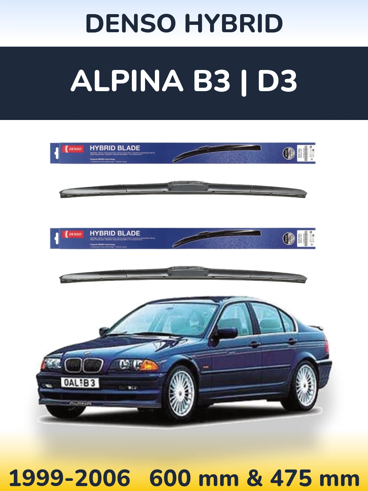Front wiper blade set Denso Hybrid 600 & 475 mm for Alpina B3 | D3 1999-2006