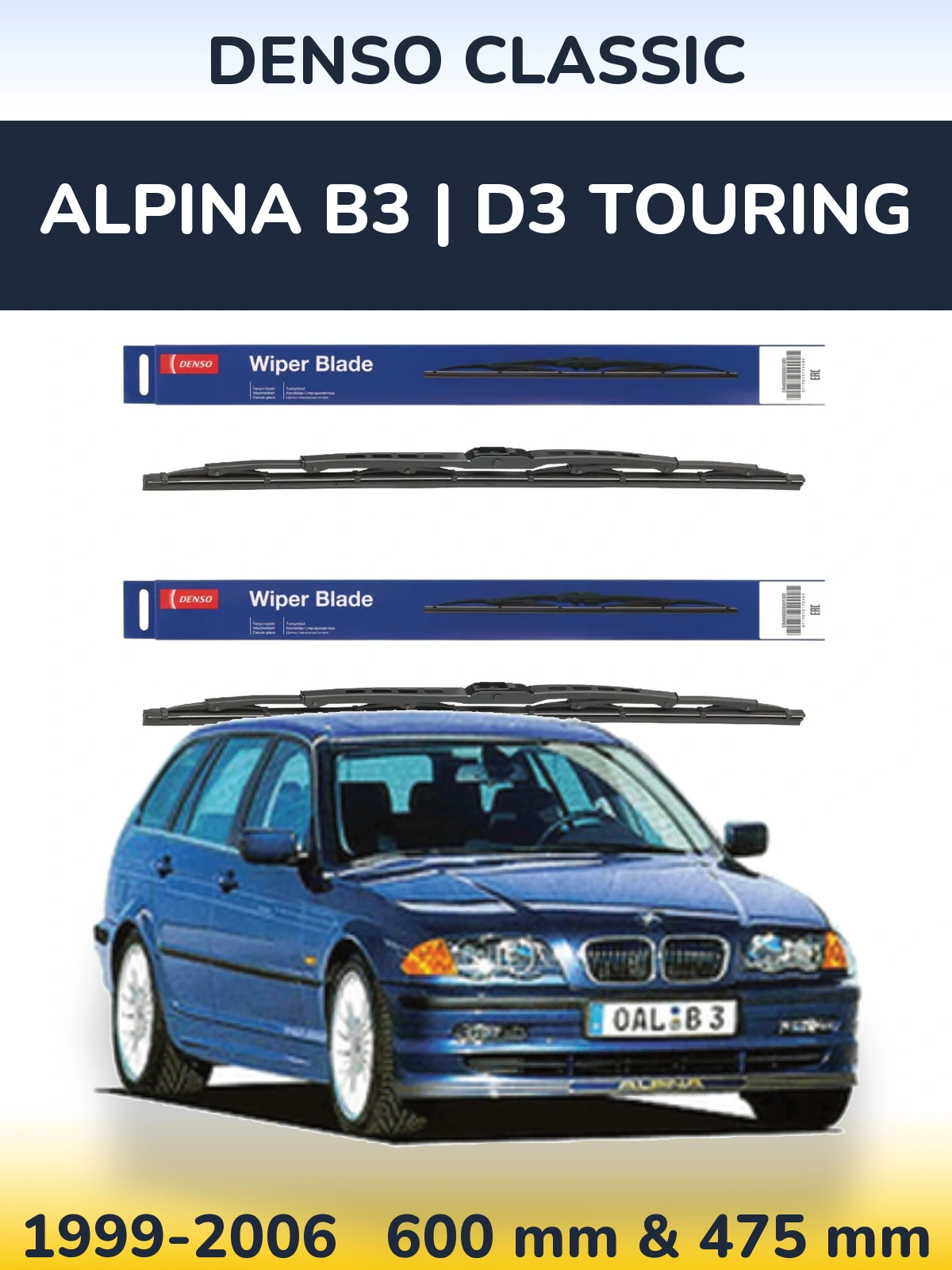 Front wiper blade set Denso Classic 600 & 475 mm for Alpina B3 | D3 Touring 1999-2006