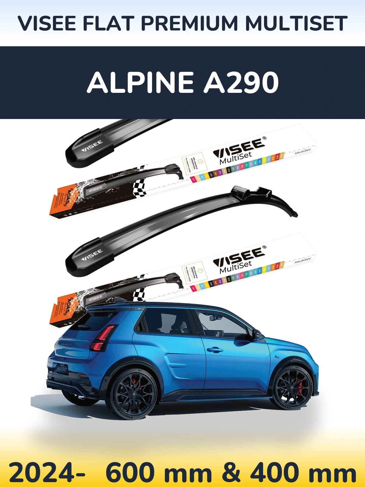 Komplet przednich wycieraczek VISEE FLAT PREMIUM MultiSet 600 & 400 mm do Alpine A290 2024-2026
