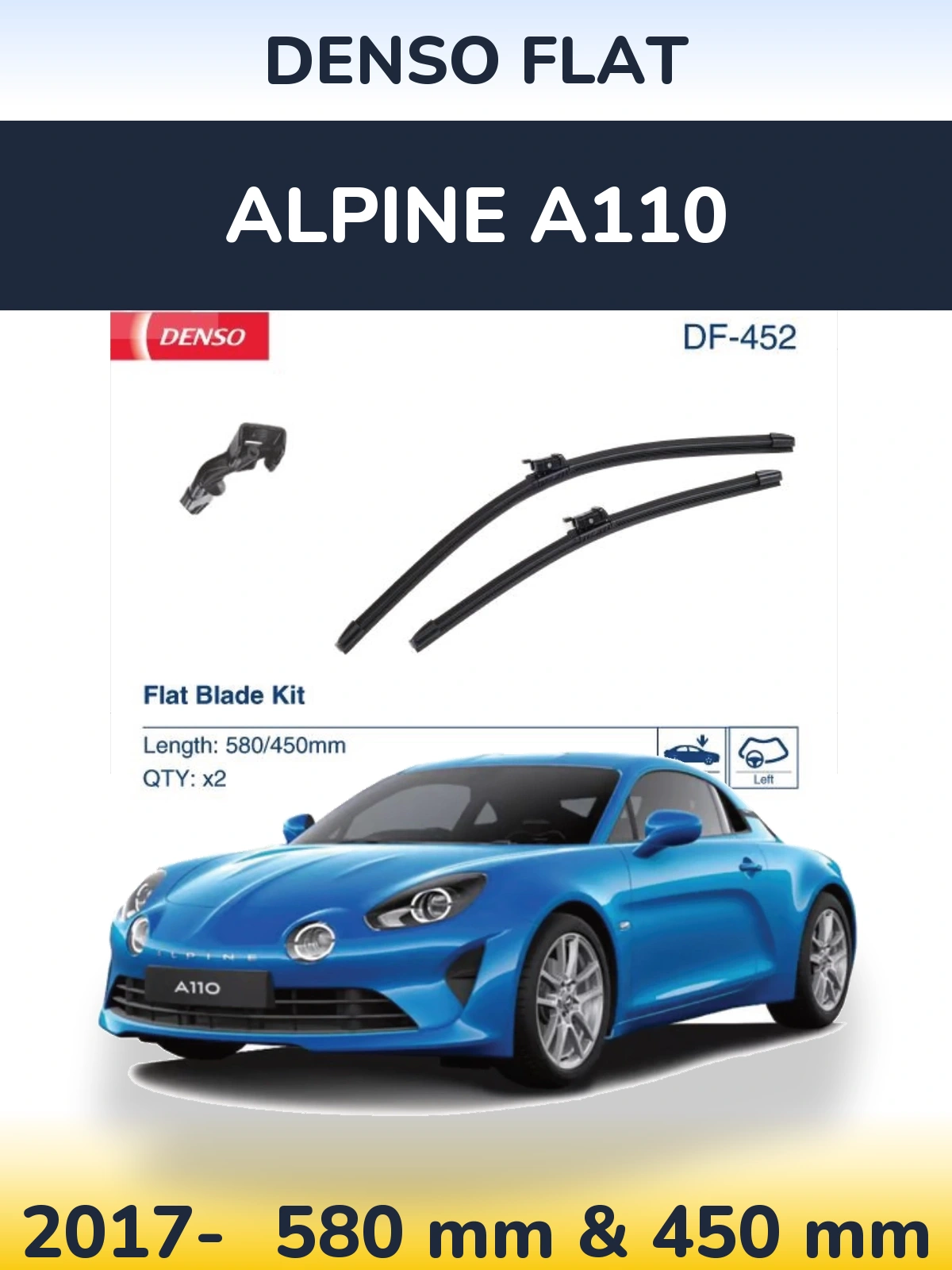 Front wiper blade set Denso Flat 580 & 450 mm for Alpine A110 2017-2026