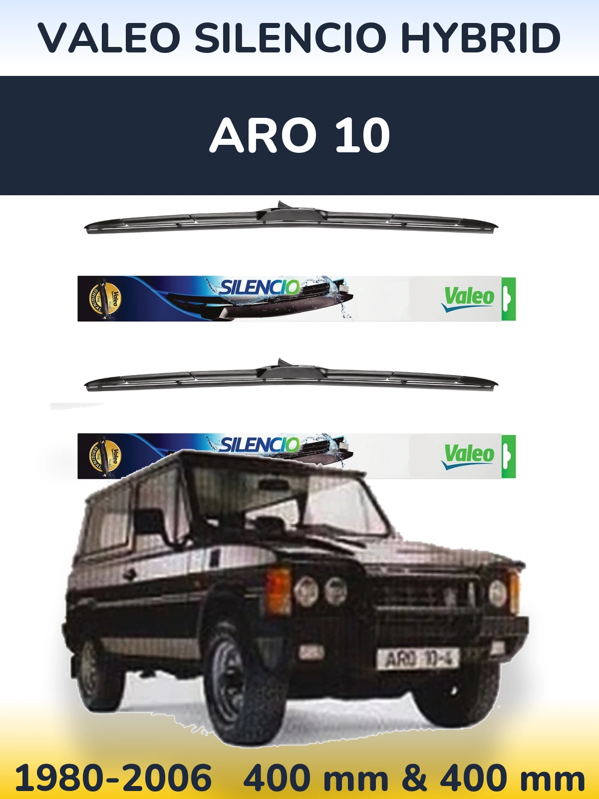 Front wiper blade set Valeo Silencio Hybrid 400 & 400 mm for ARO 10 1980-2006