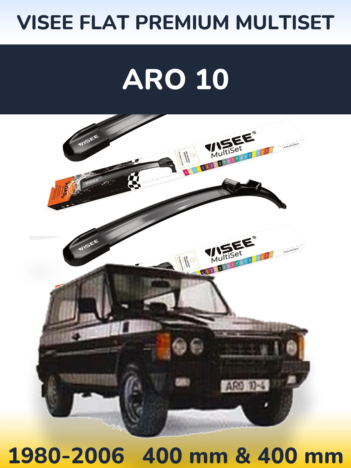 Front wiper blade set VISEE FLAT PREMIUM MultiSet 400 & 400 mm for ARO 10 1980-2006