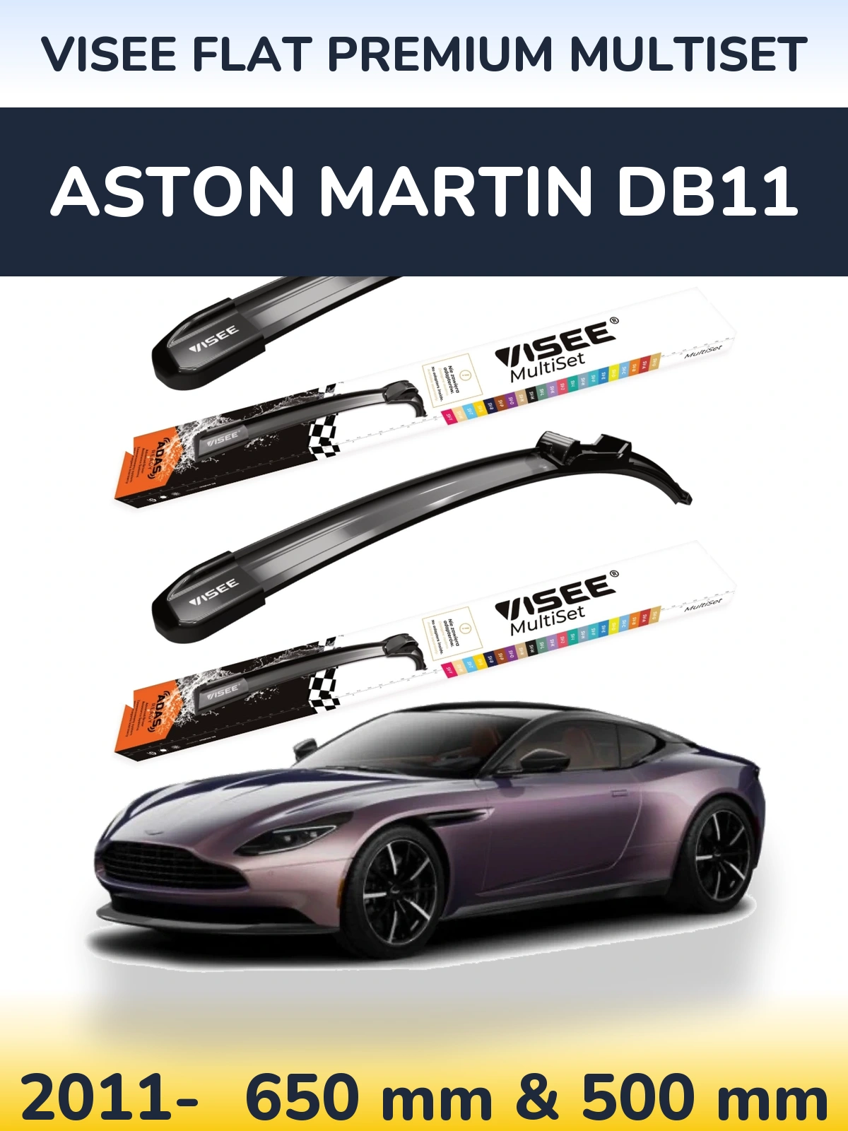 Front wiper blade set VISEE FLAT PREMIUM MultiSet 650 & 500 mm for Aston Martin DB11 2011-2026