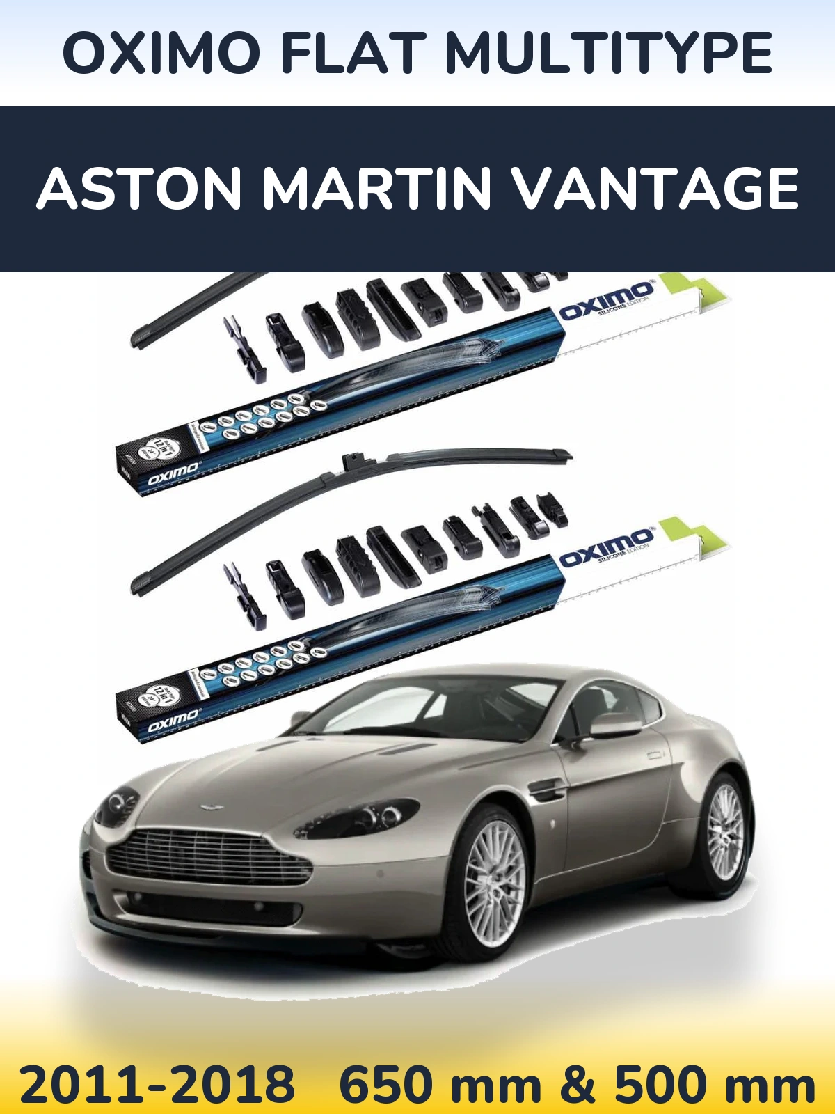 Front wiper blade set Oximo Flat MultiTypee 650 & 500 mm for Aston Martin Vantage 2011-2018