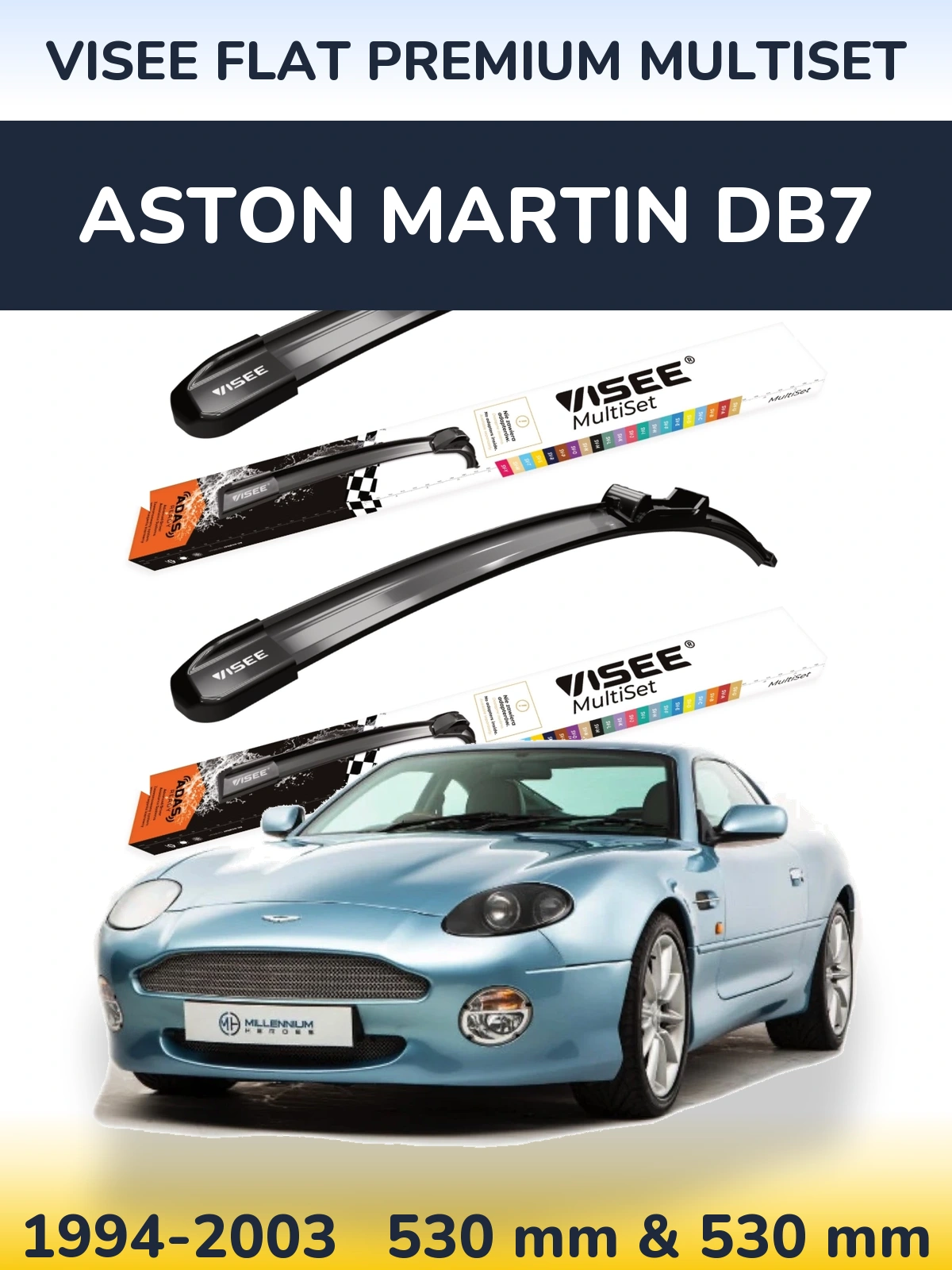 Front wiper blade set VISEE FLAT PREMIUM MultiSet 530 & 530 mm for Aston Martin DB7 1994-2003