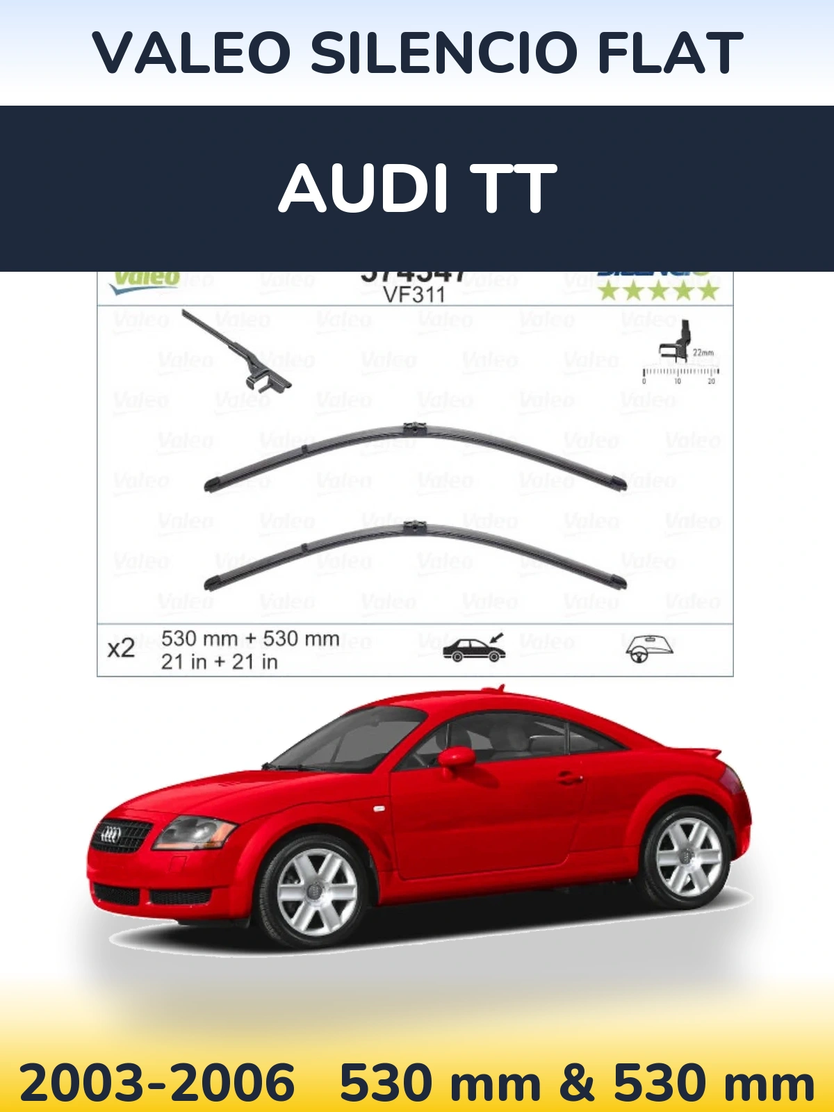 Комплект передних дворников Valeo Silencio Flat 530 & 530 мм для Audi TT 2003-2006