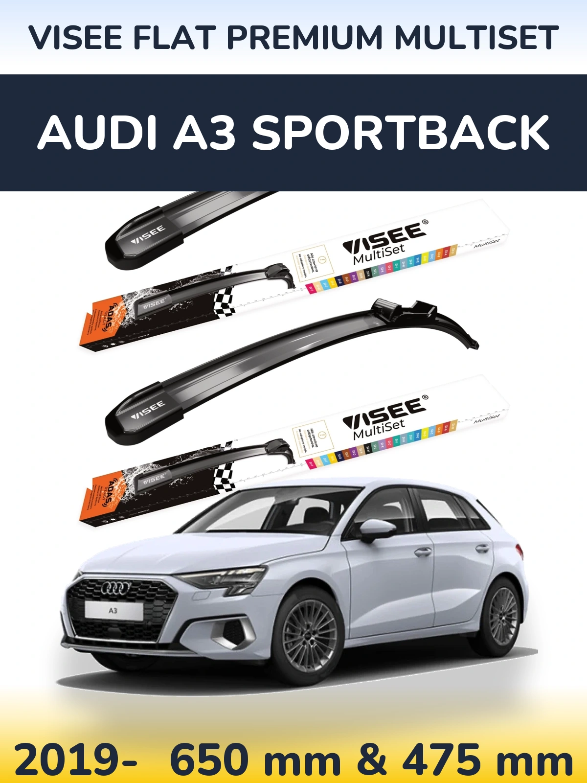 Komplet przednich wycieraczek VISEE FLAT PREMIUM MultiSet 650 & 475 mm do Audi A3 Sportback 2019-2026