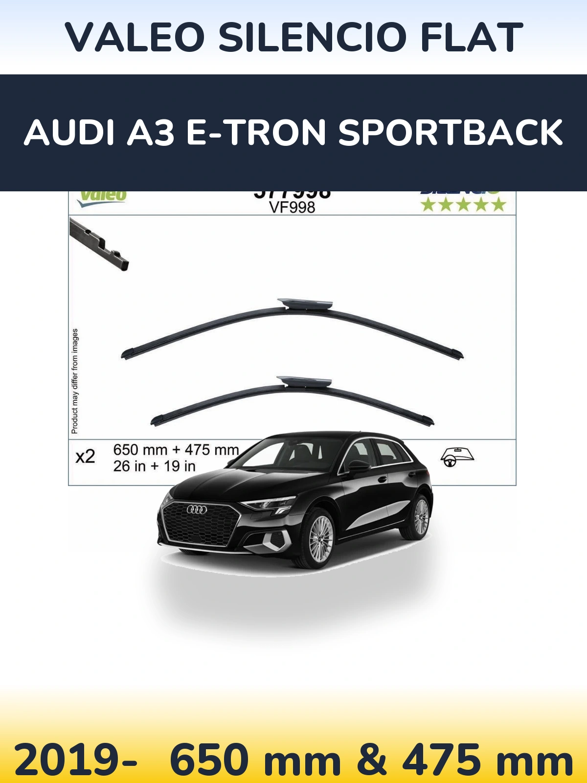 Komplet przednich wycieraczek Valeo Silencio Flat 650 & 475 mm do Audi A3 e-tron Sportback 2019-2026