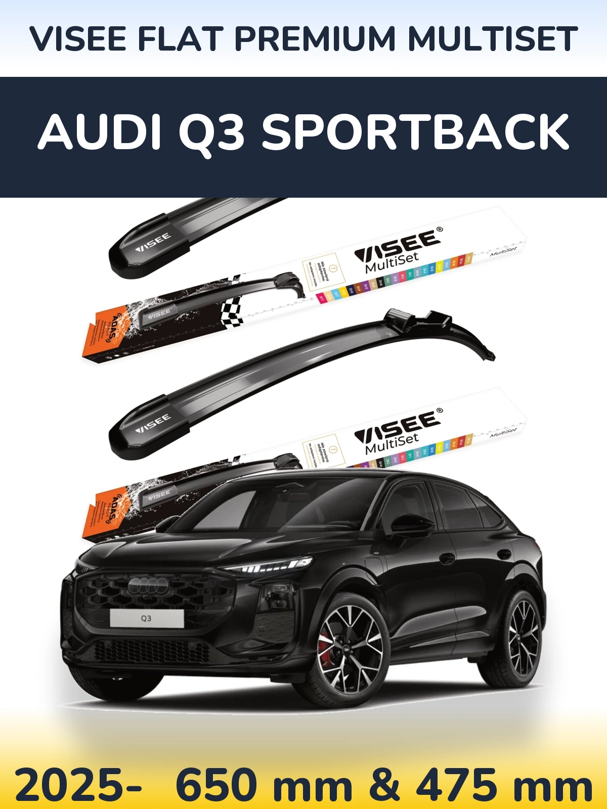 Комплект передних дворников VISEE FLAT PREMIUM MultiSet 650 & 475 мм для Audi Q3 Sportback 2025-2026