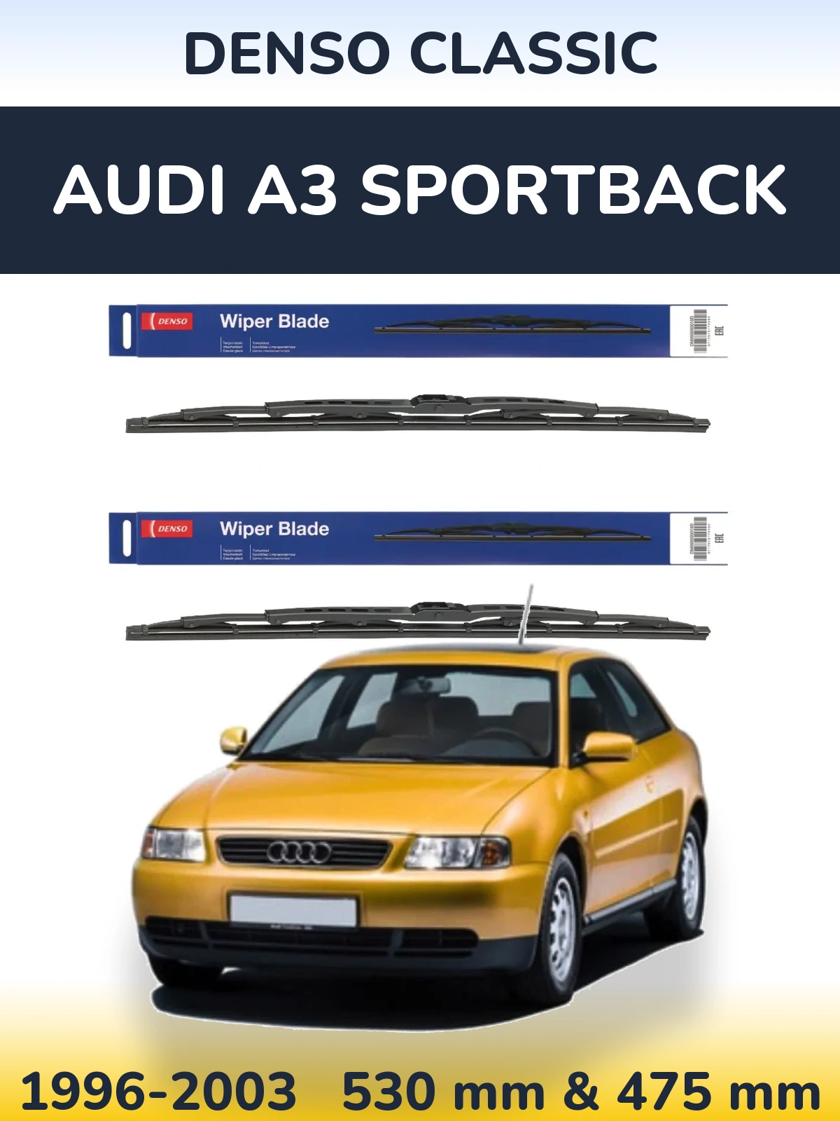 Front wiper blade set Denso Classic 530 & 475 mm for Audi A3 Sportback 1996-2003