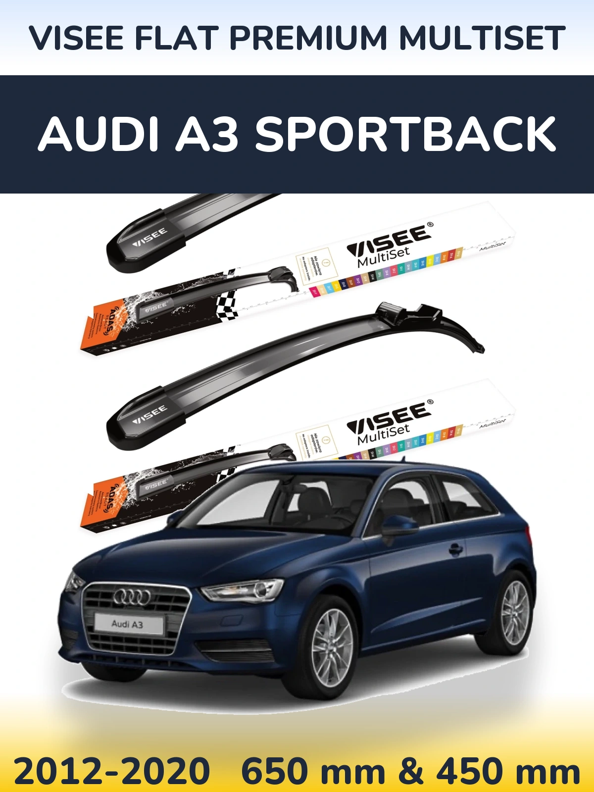 Комплект передних дворников VISEE FLAT PREMIUM MultiSet 650 & 450 мм для Audi A3 Sportback 2012-2020
