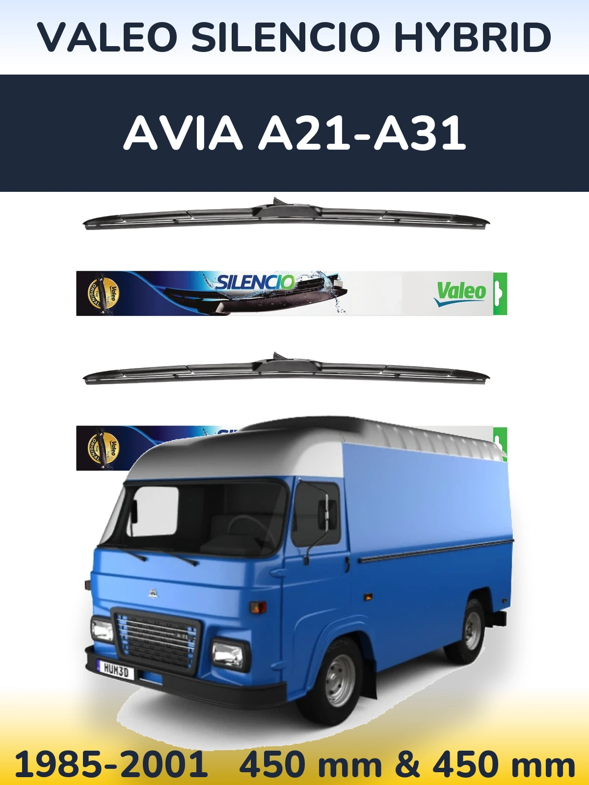 Komplet przednich wycieraczek Valeo Silencio Hybrid 450 & 450 mm do Avia A21-A31 1985-2001