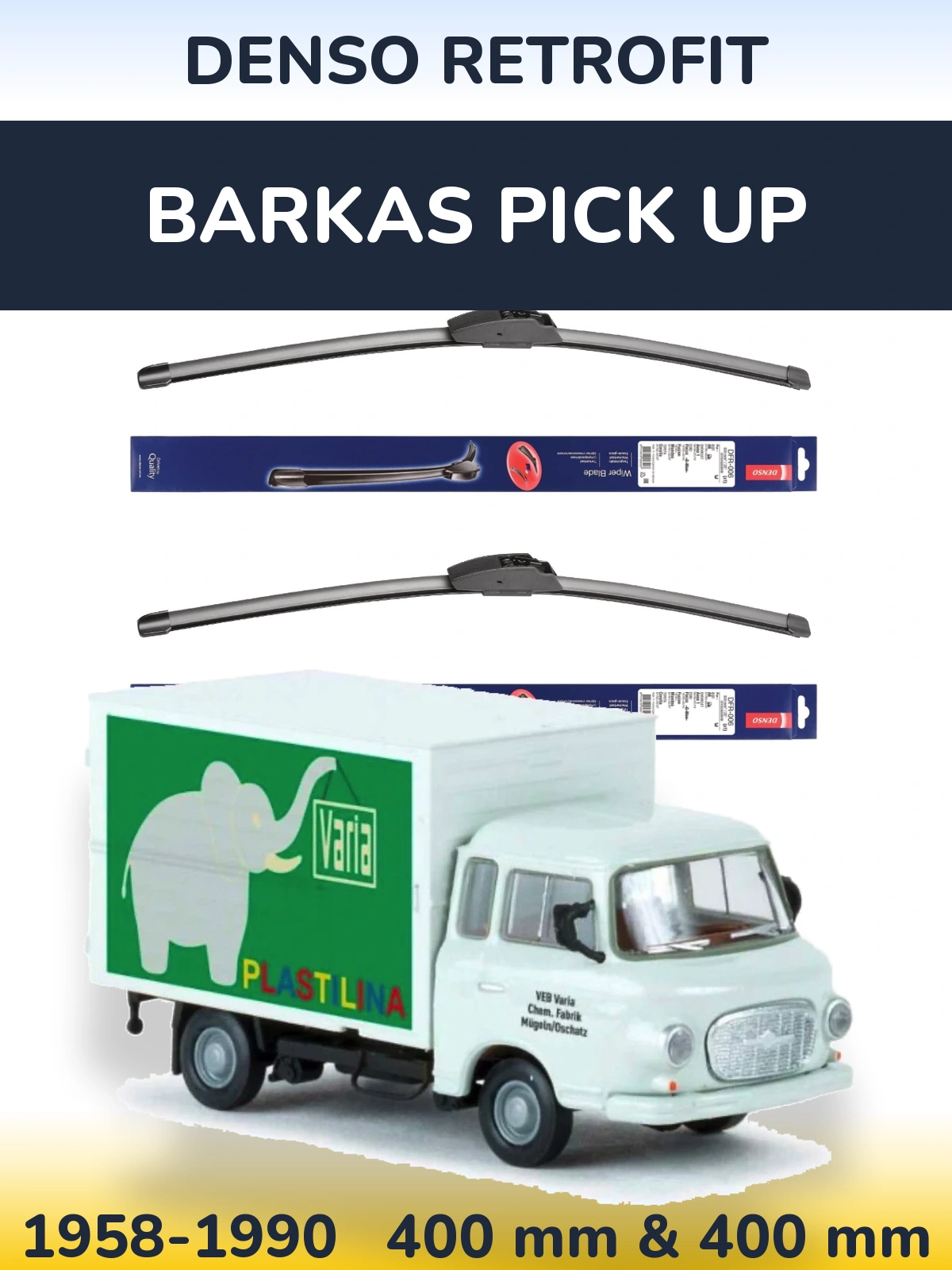 Komplet przednich wycieraczek Denso Retrofit 400 & 400 mm do Barkas Pick Up 1958-1990