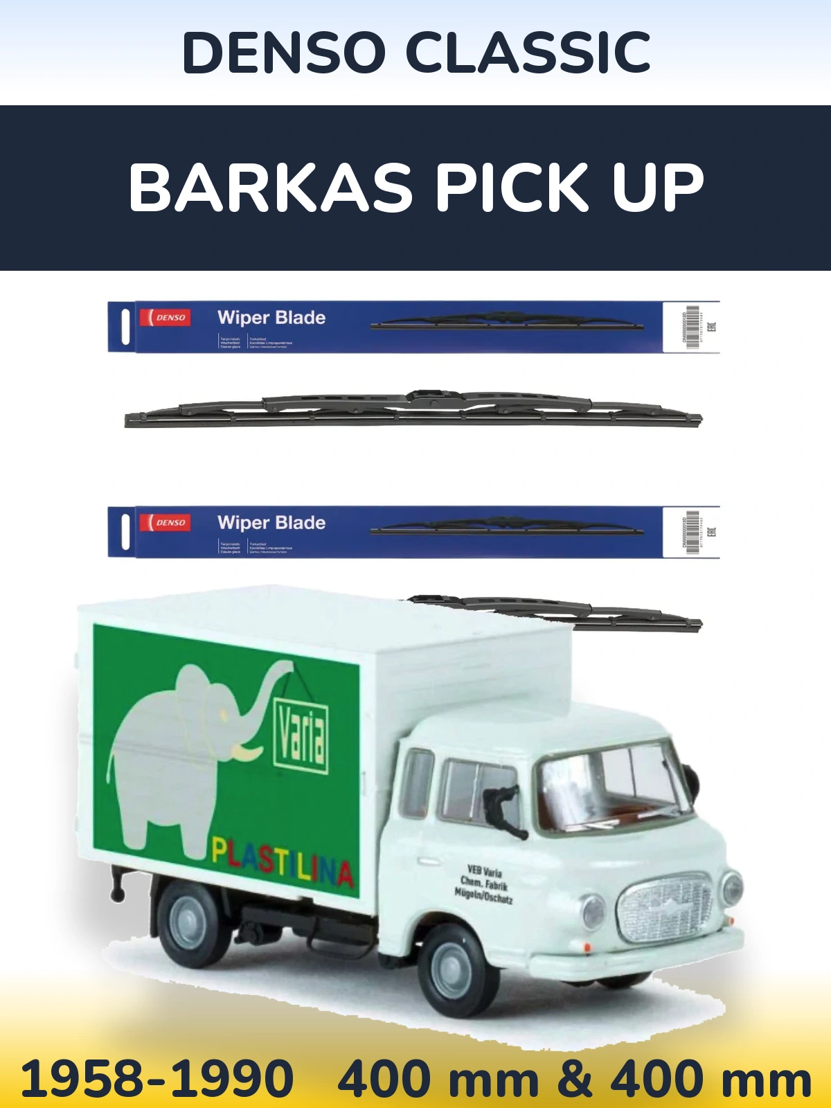 Front wiper blade set Denso Classic 400 & 400 mm for Barkas Pick Up 1958-1990