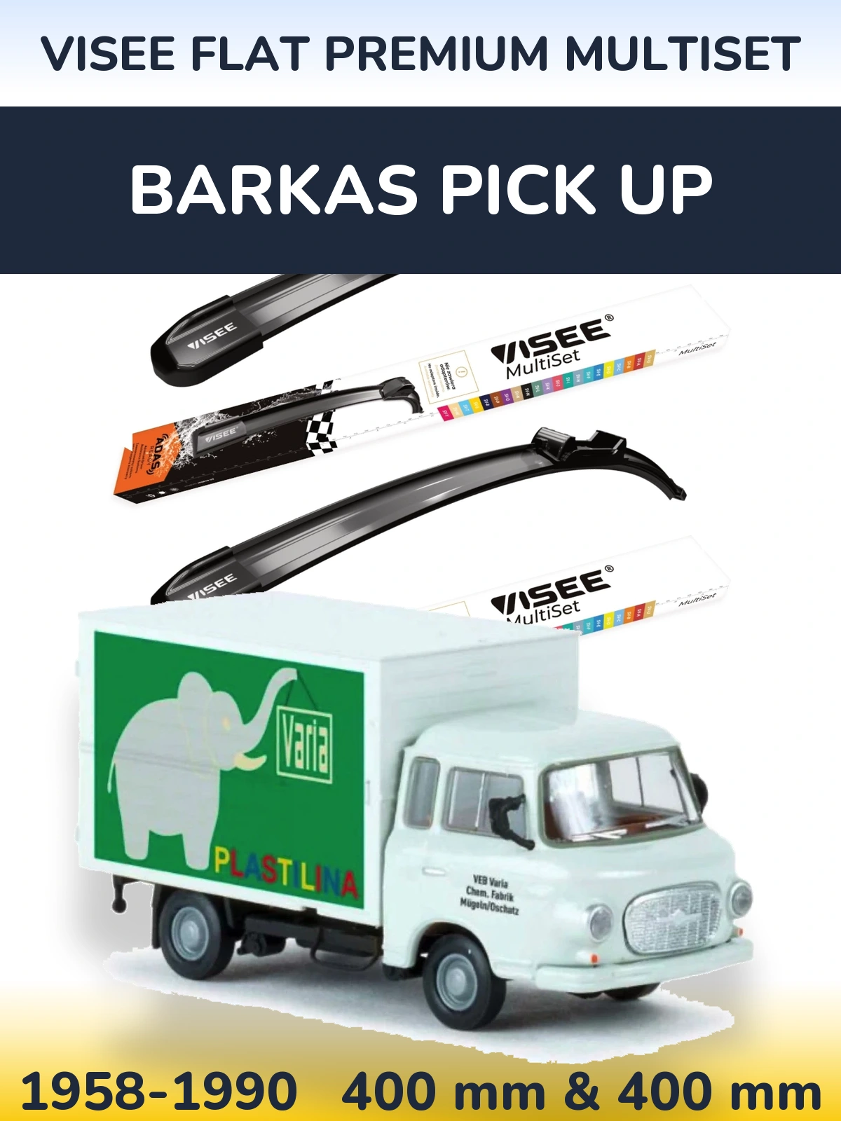 Komplet przednich wycieraczek VISEE FLAT PREMIUM MultiSet 400 & 400 mm do Barkas Pick Up 1958-1990