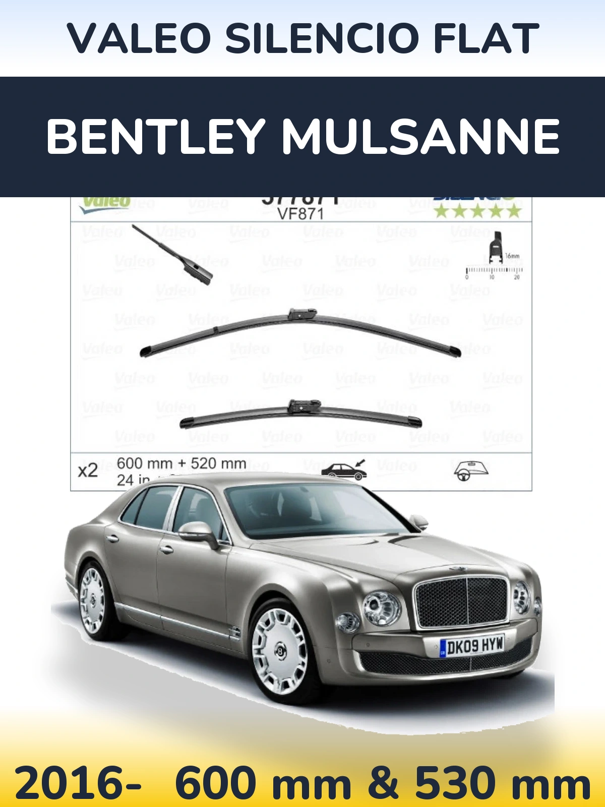 Комплект передних дворников Valeo Silencio Flat 600 & 520 мм для Bentley Mulsanne 2016-2026
