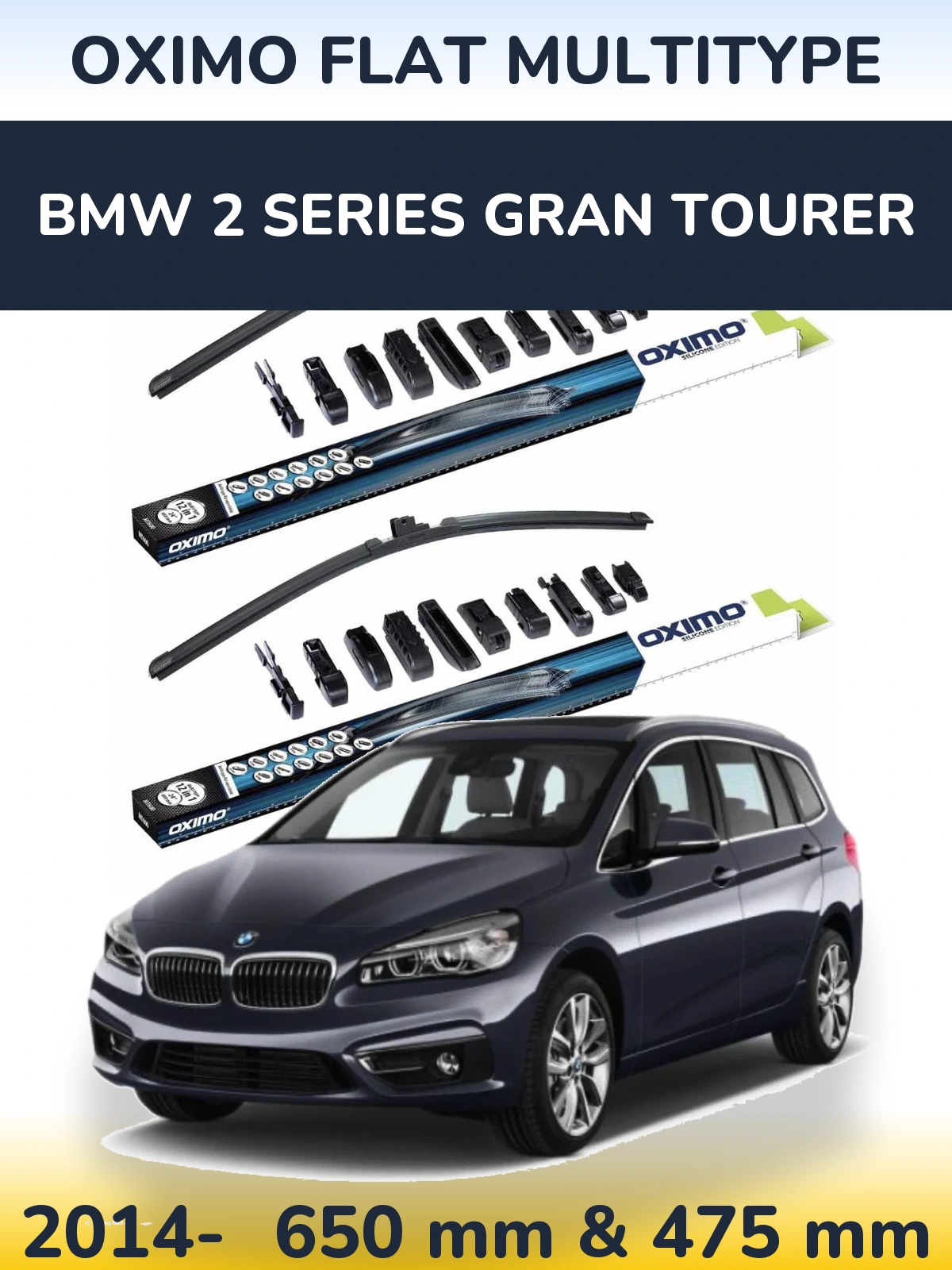 Front wiper blade set Oximo Flat MultiTypee 650 & 475 mm for BMW 2 Series Gran Tourer 2014-2026
