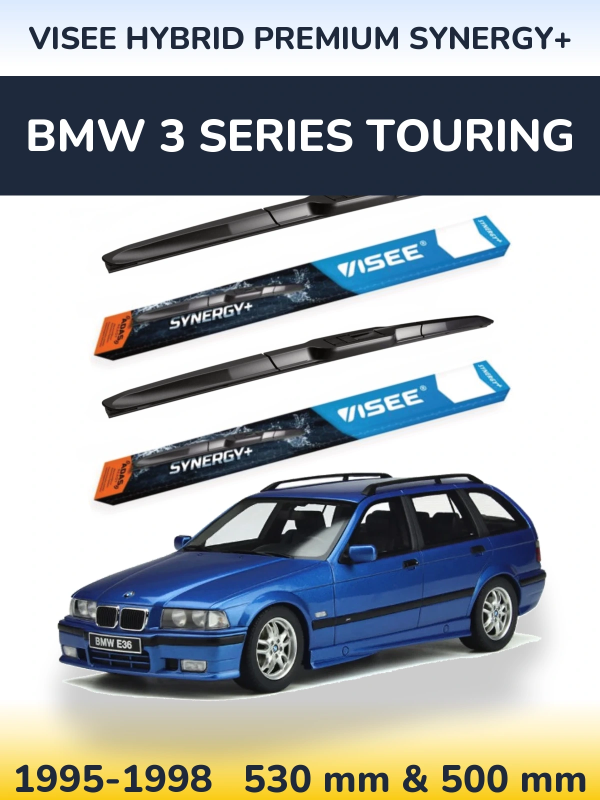 Front wiper blade set VISEE HYBRID PREMIUM SYNERGY+ 530 & 500 mm for BMW 3 Series Touring 1995-1998