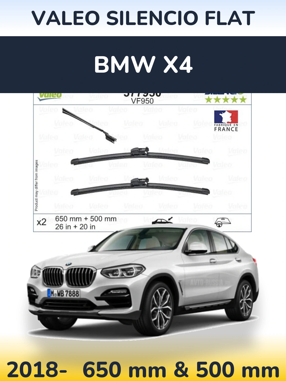 Front wiper blade set Valeo Silencio Flat 650 & 500 mm for BMW X4 2018-2026