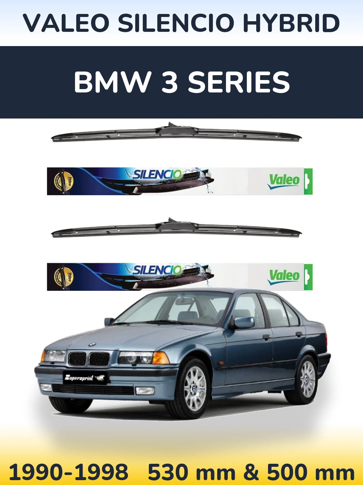Komplet przednich wycieraczek Valeo Silencio Hybrid 530 & 500 mm do BMW Seria 3 1990-1998