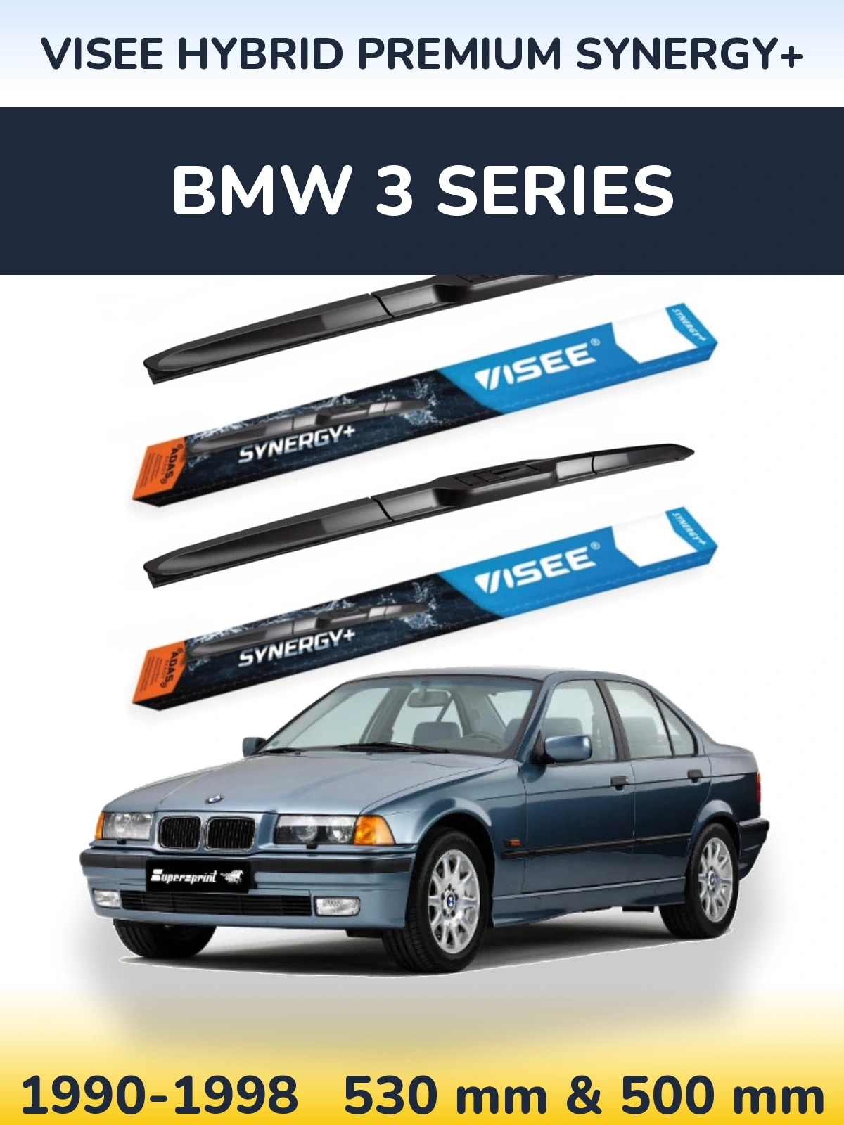 Front wiper blade set VISEE HYBRID PREMIUM SYNERGY+ 530 & 500 mm for BMW 3 Series 1990-1998