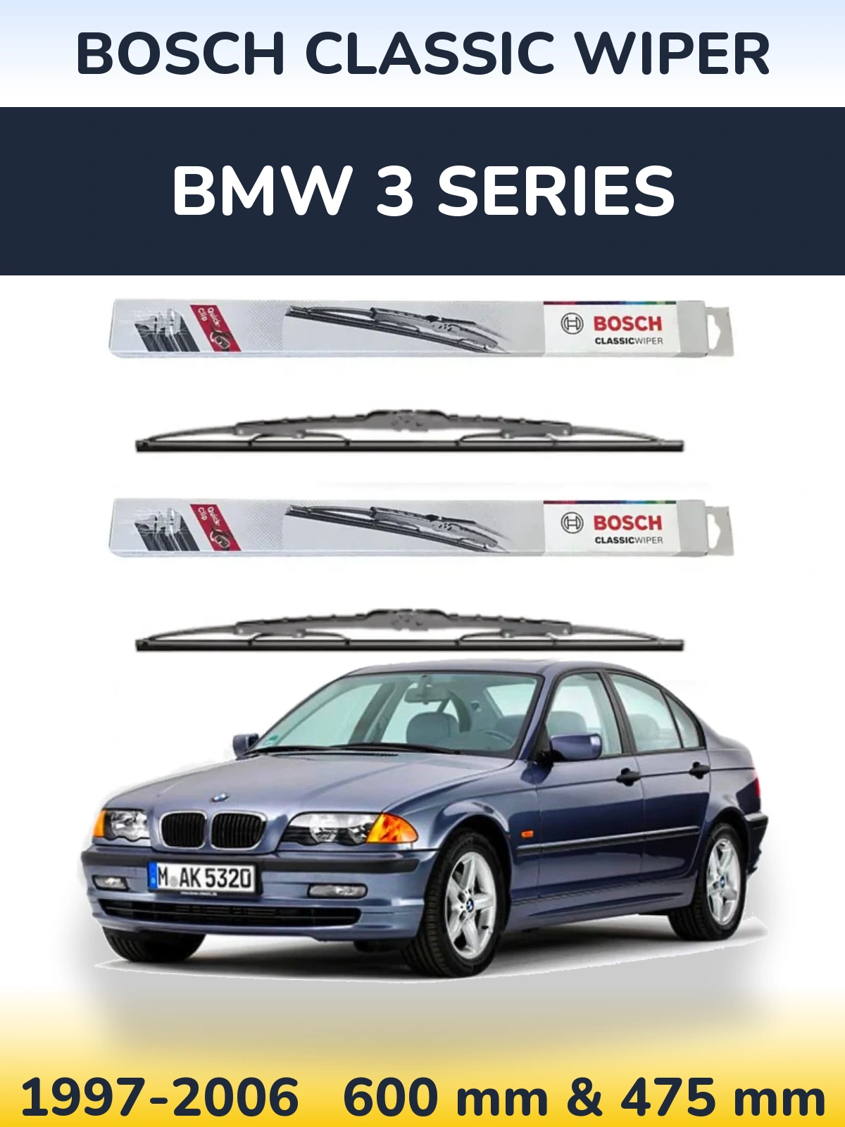Комплект передних дворников BOSCH Classic Wiper 600 & 475 мм для BMW 3 Series 1997-2006