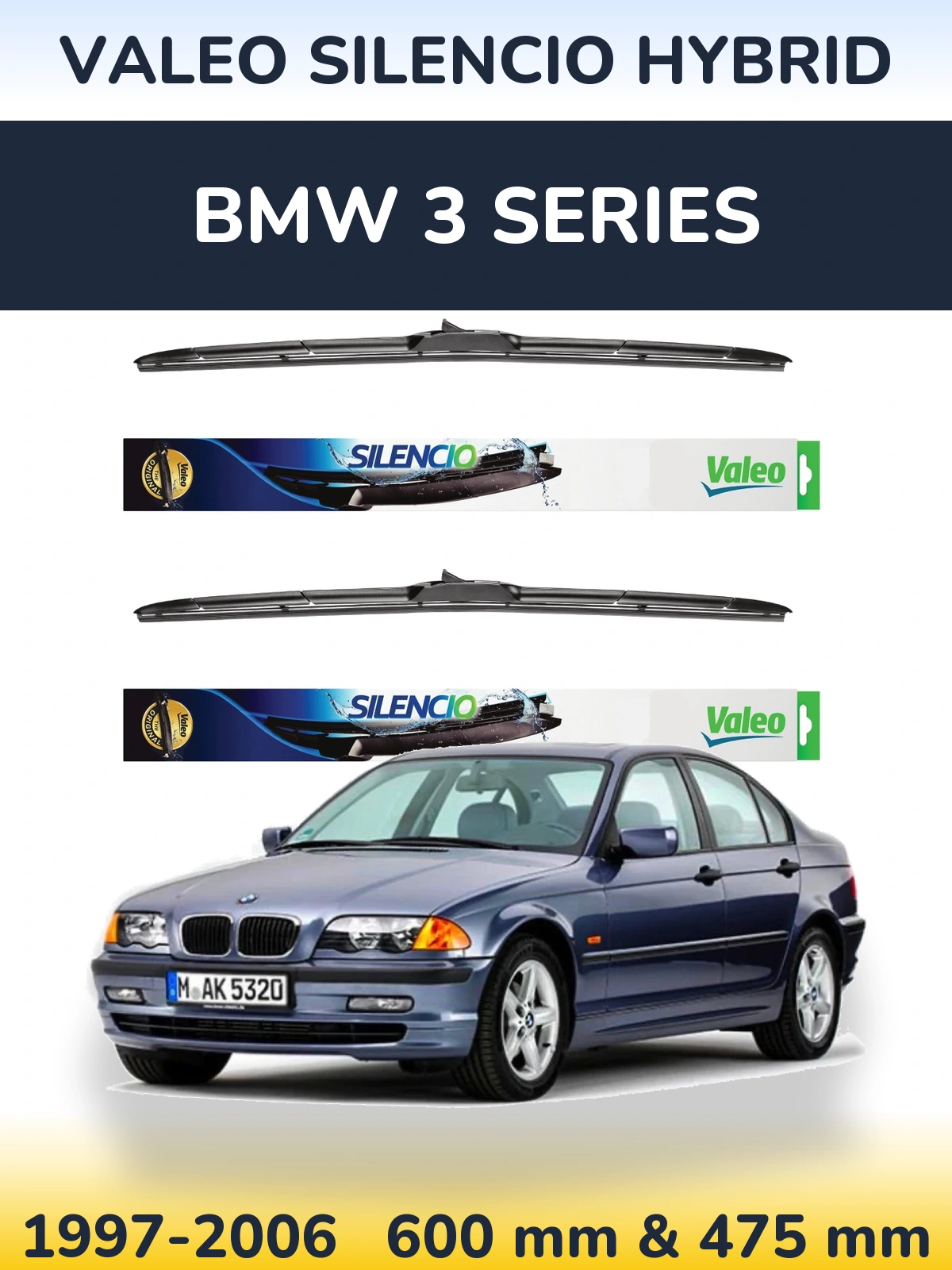 Front wiper blade set Valeo Silencio Hybrid 600 & 475 mm for BMW 3 Series 1997-2006